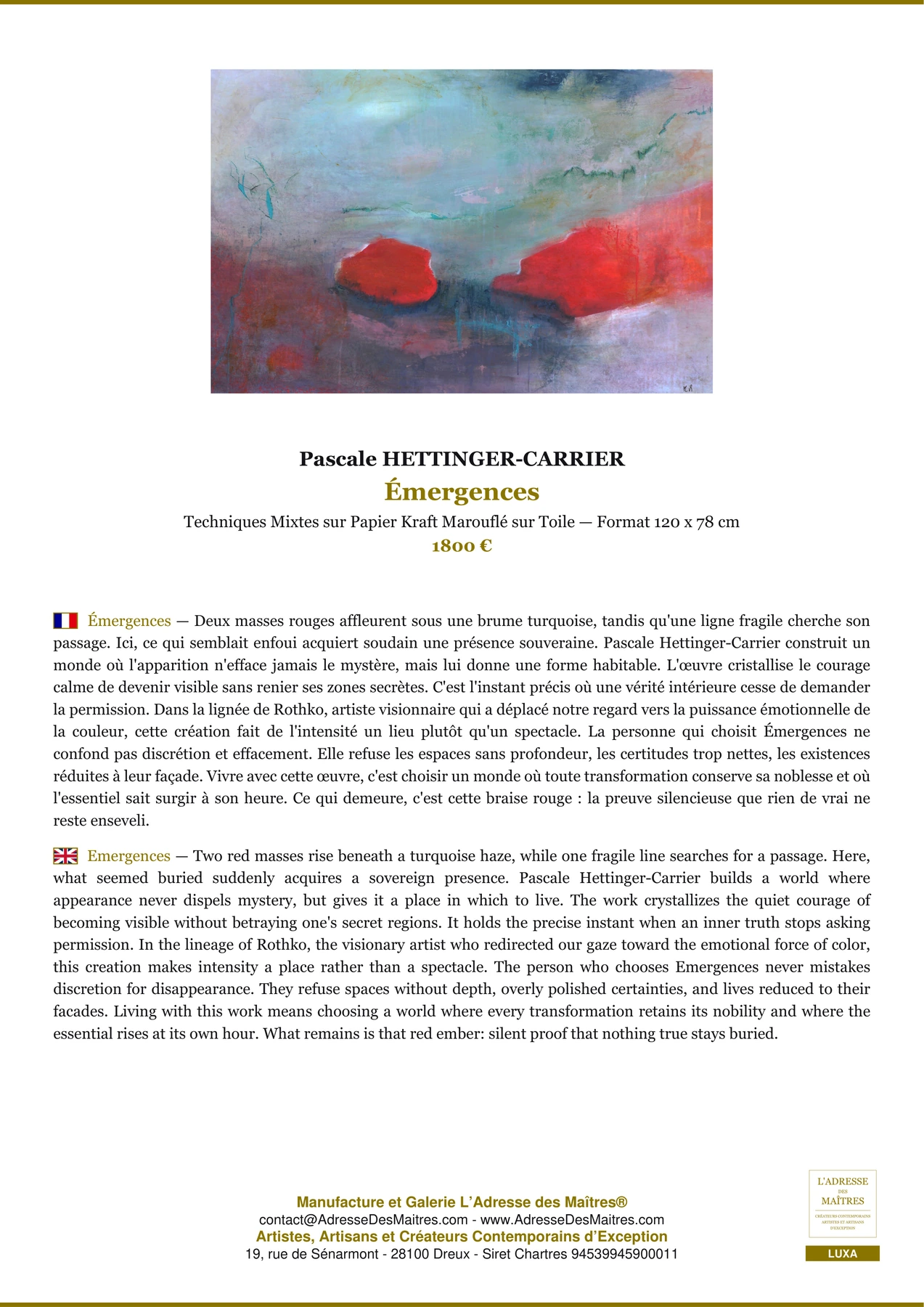 Mixed Media on Kraft Paper Mounted on Canvas, L'Adresse des Maîtres®