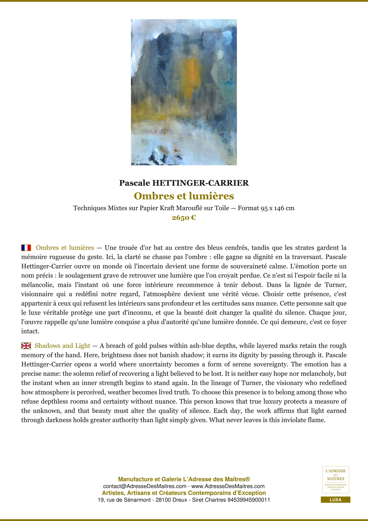 Fiche Premium - Ombres et lumières - Pascale HETTINGER-CARRIER - L'Adresse des Maîtres®