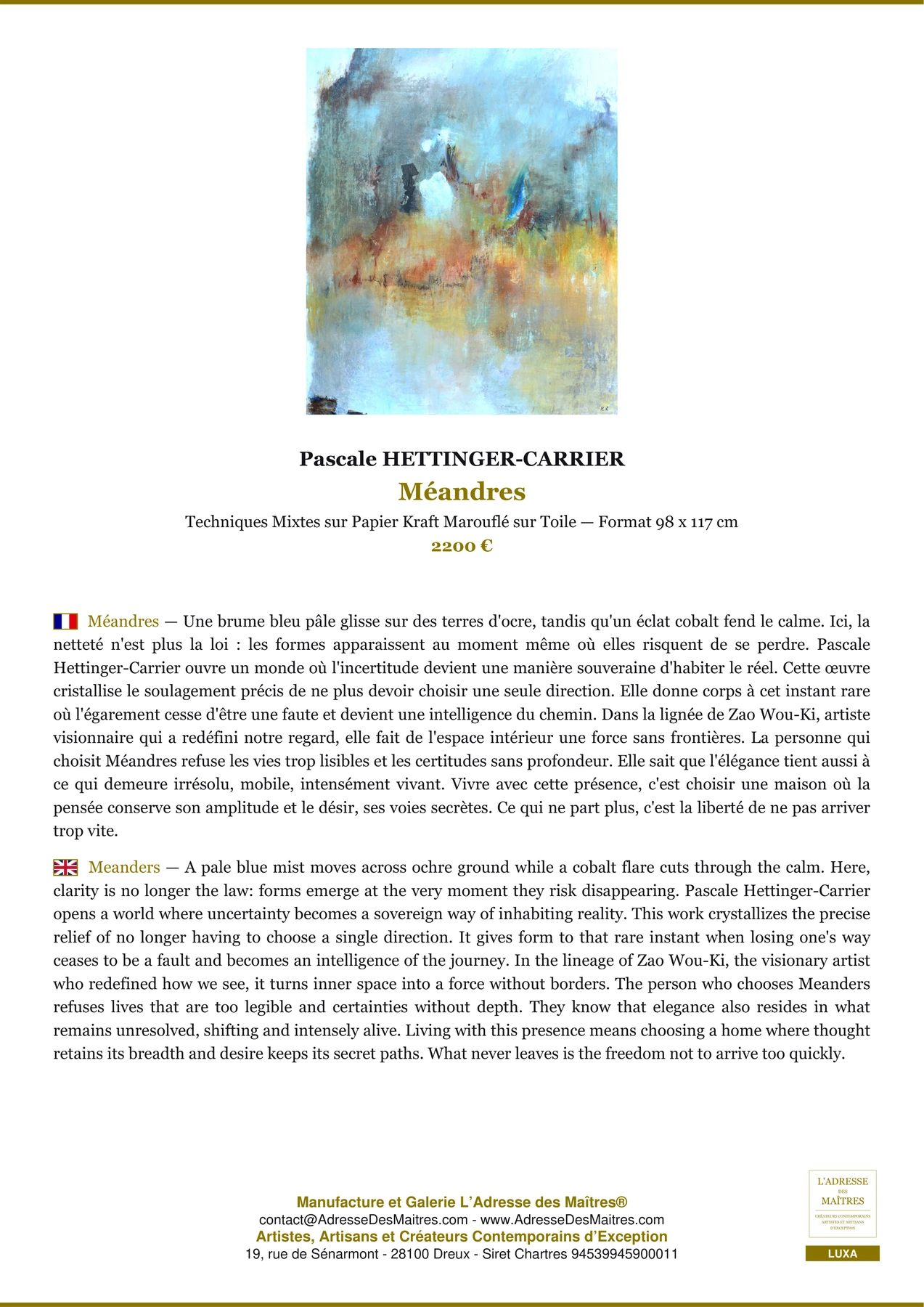 Fiche Premium - Méandres - Pascale HETTINGER-CARRIER - L'Adresse des Maîtres®