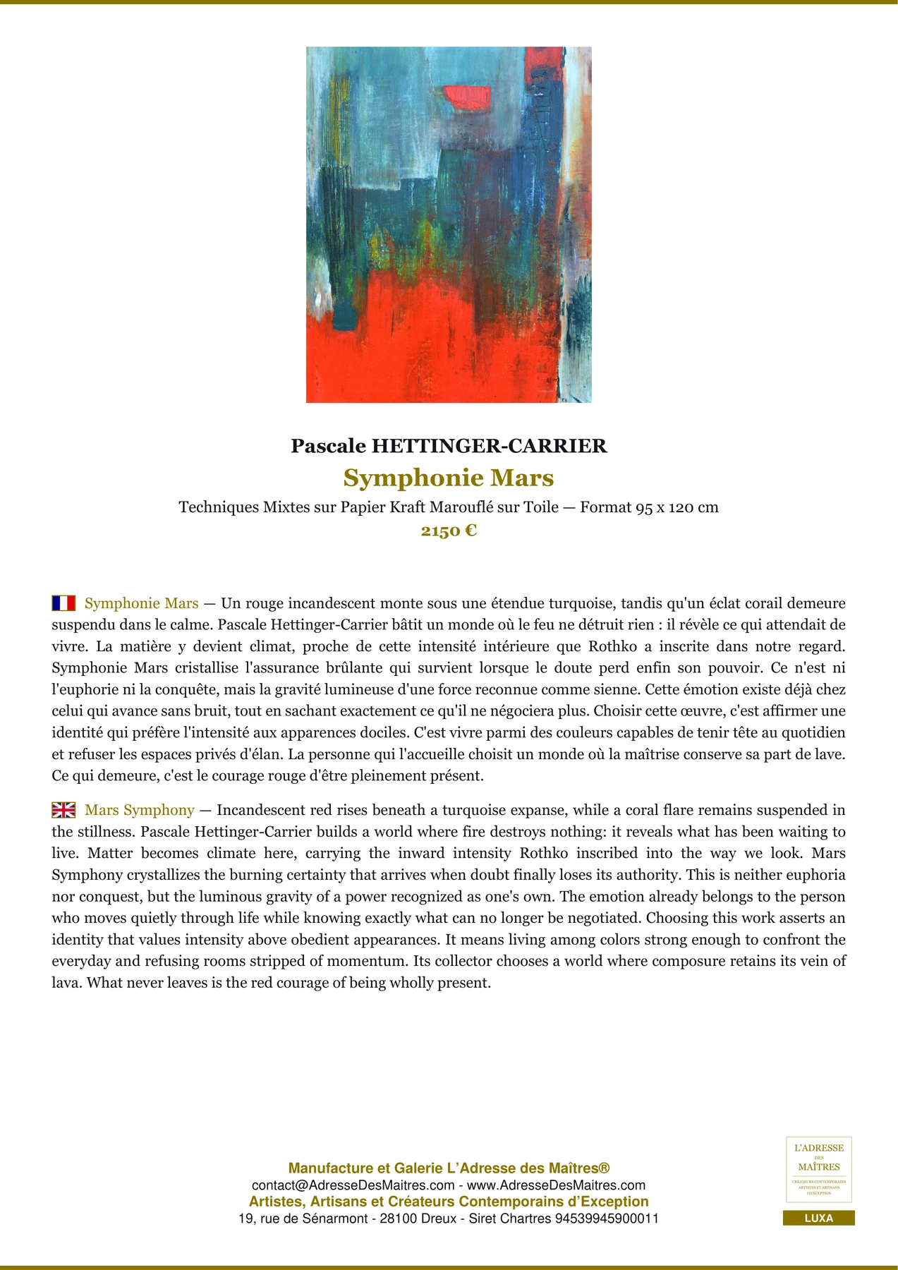 Fiche Premium - Symphonie Mars - Pascale HETTINGER-CARRIER - L'Adresse des Maîtres®
