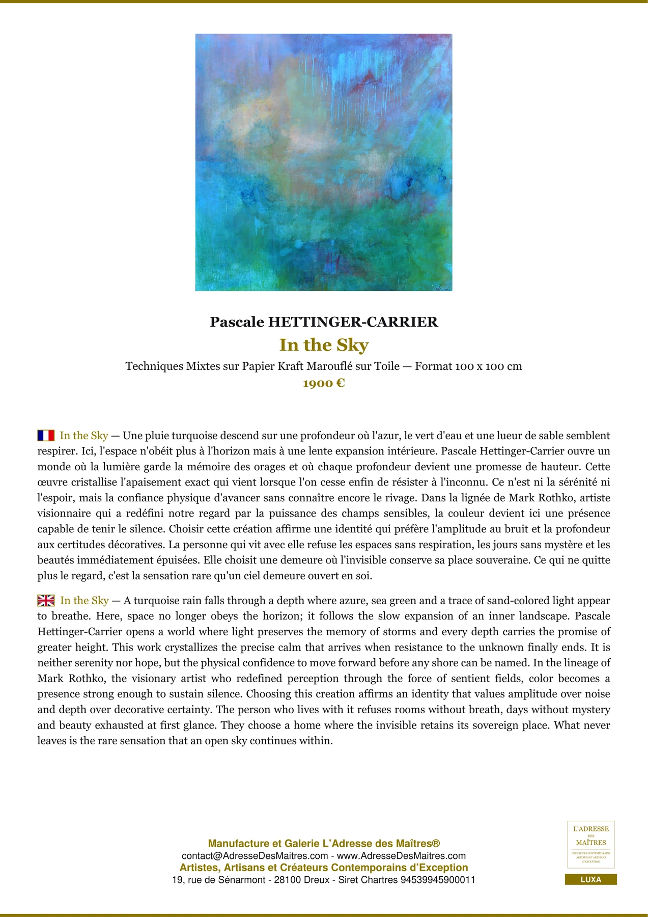 Fiche Premium - In the Sky - Pascale HETTINGER-CARRIER - L'Adresse des Maîtres®