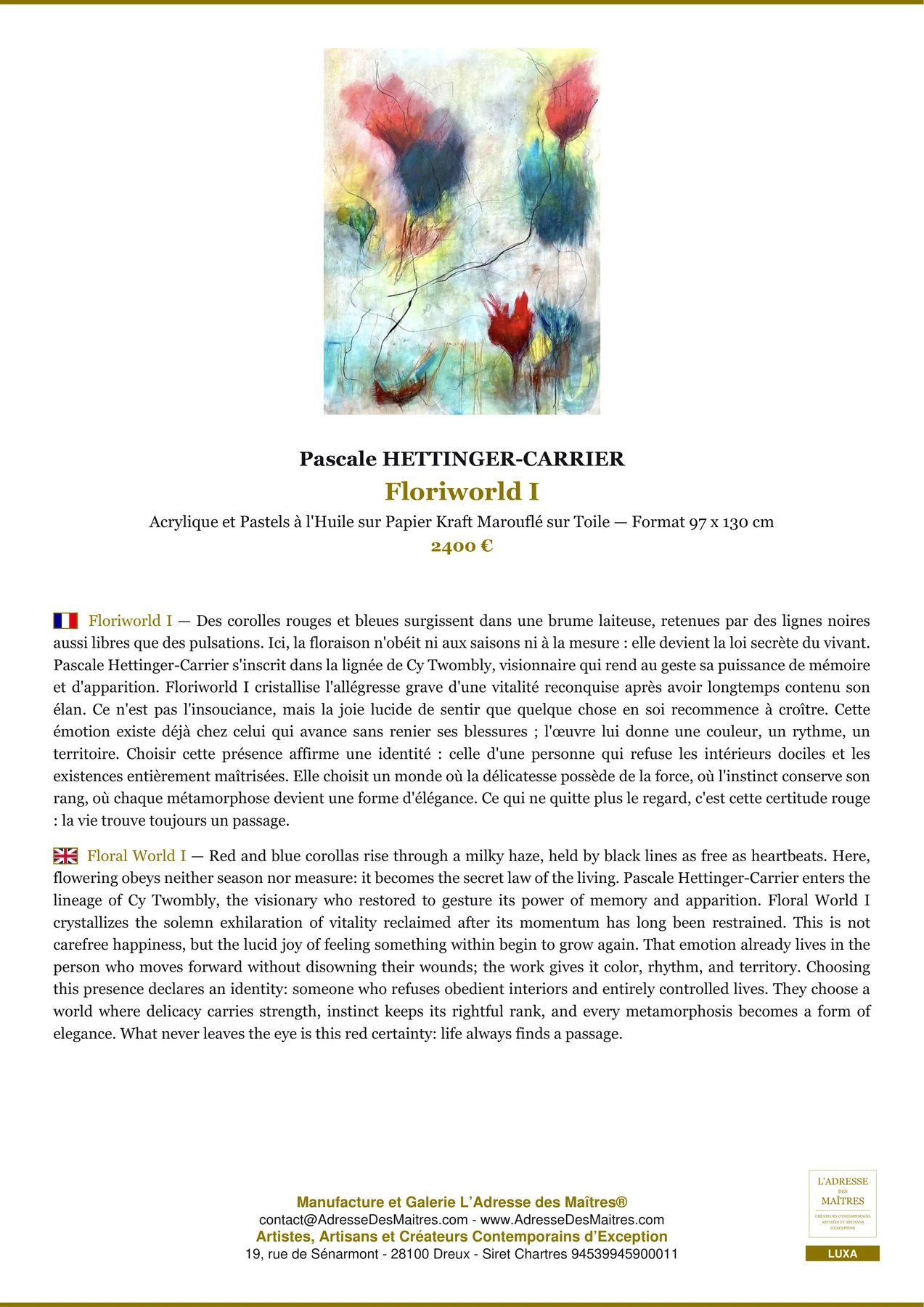 Acrylic and Oil Pastel on Kraft Paper Mounted on Canvas, L'Adresse des Maîtres®