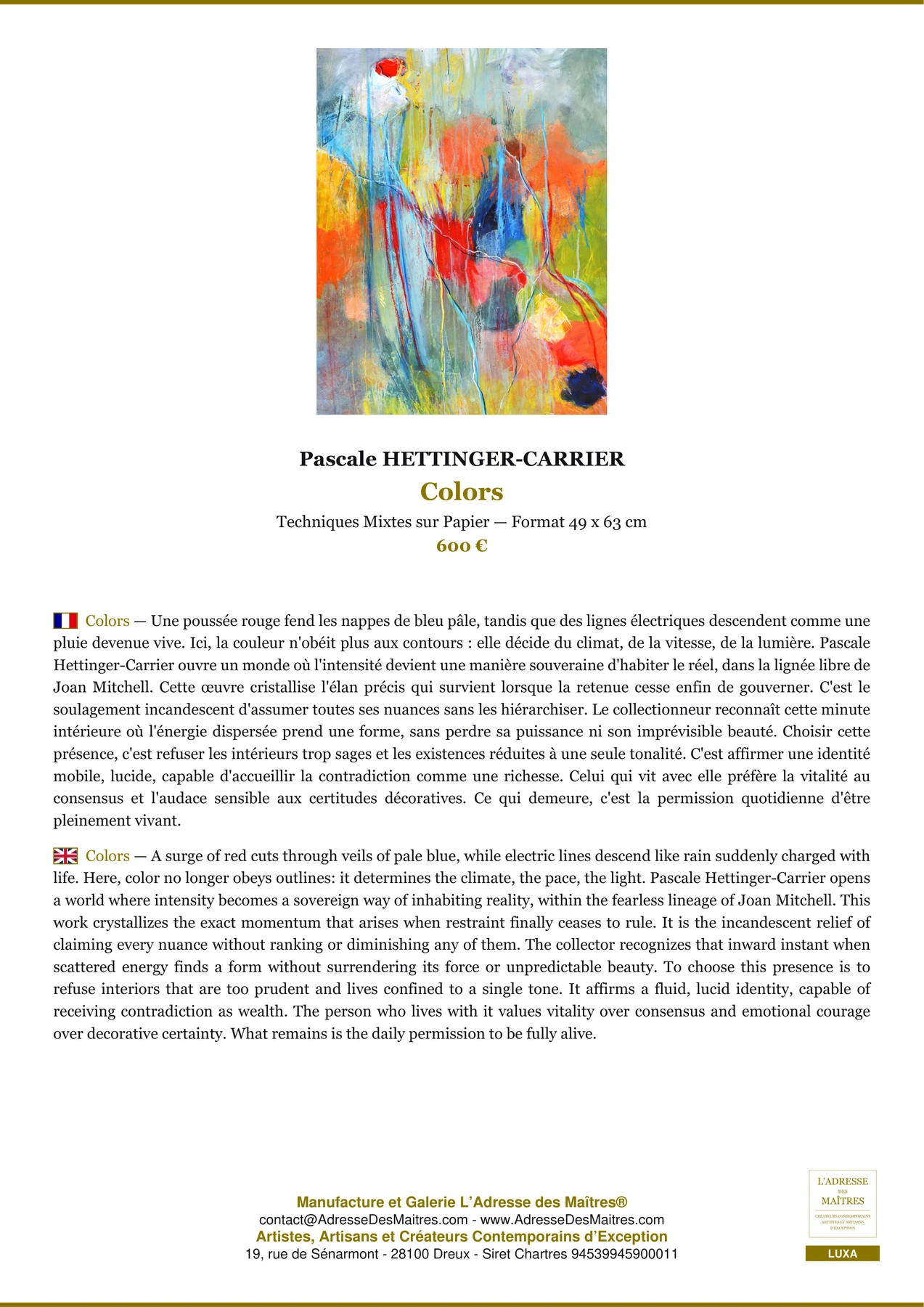 Fiche Premium - Colors - Pascale HETTINGER-CARRIER - L'Adresse des Maîtres®