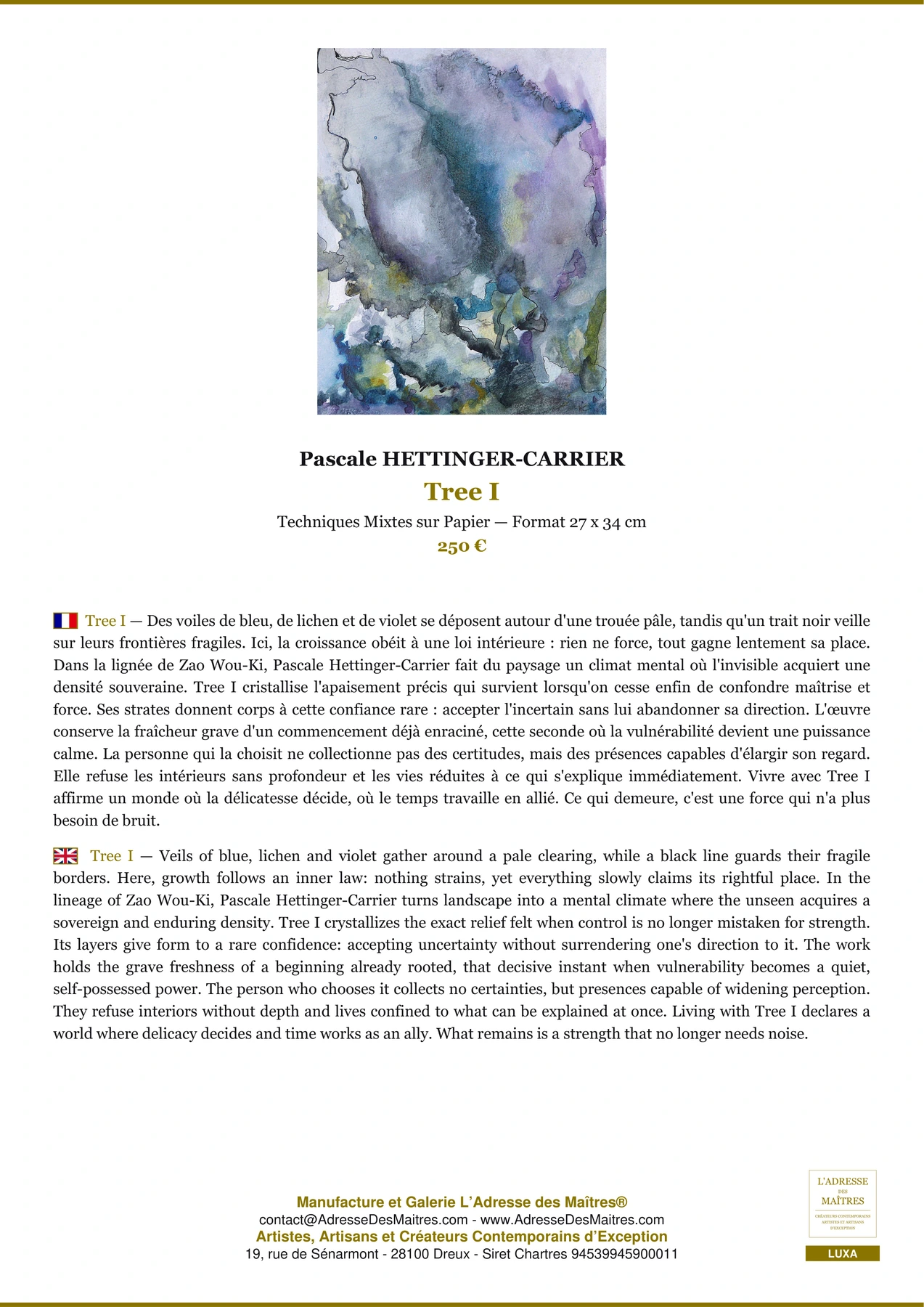 Fiche Premium - Tree I - Pascale HETTINGER-CARRIER - L'Adresse des Maîtres®