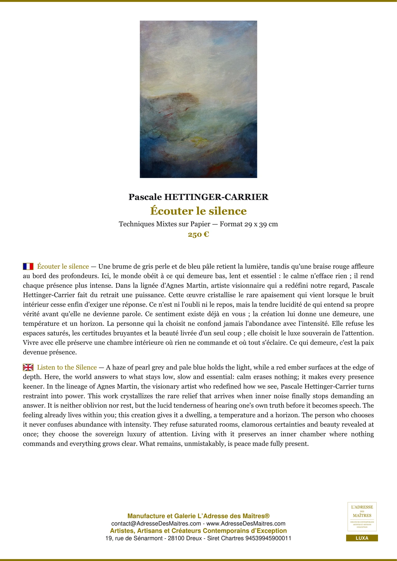 Fiche Premium - Écouter le silence - Pascale HETTINGER-CARRIER - L'Adresse des Maîtres®
