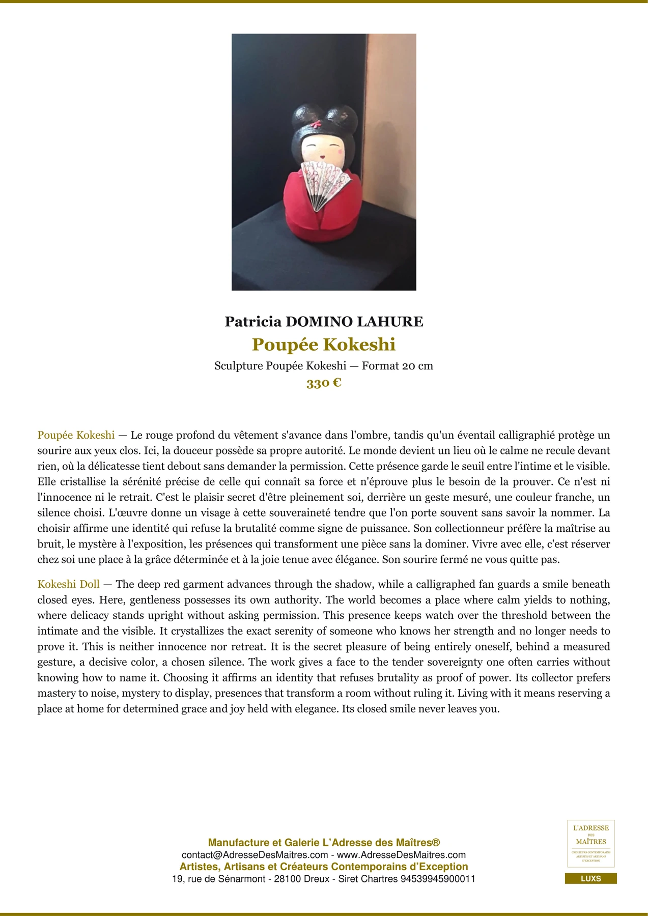 Fiche Premium — Poupée Kokeshi — Patricia DOMINO LAHURE — L'Adresse des Maîtres®