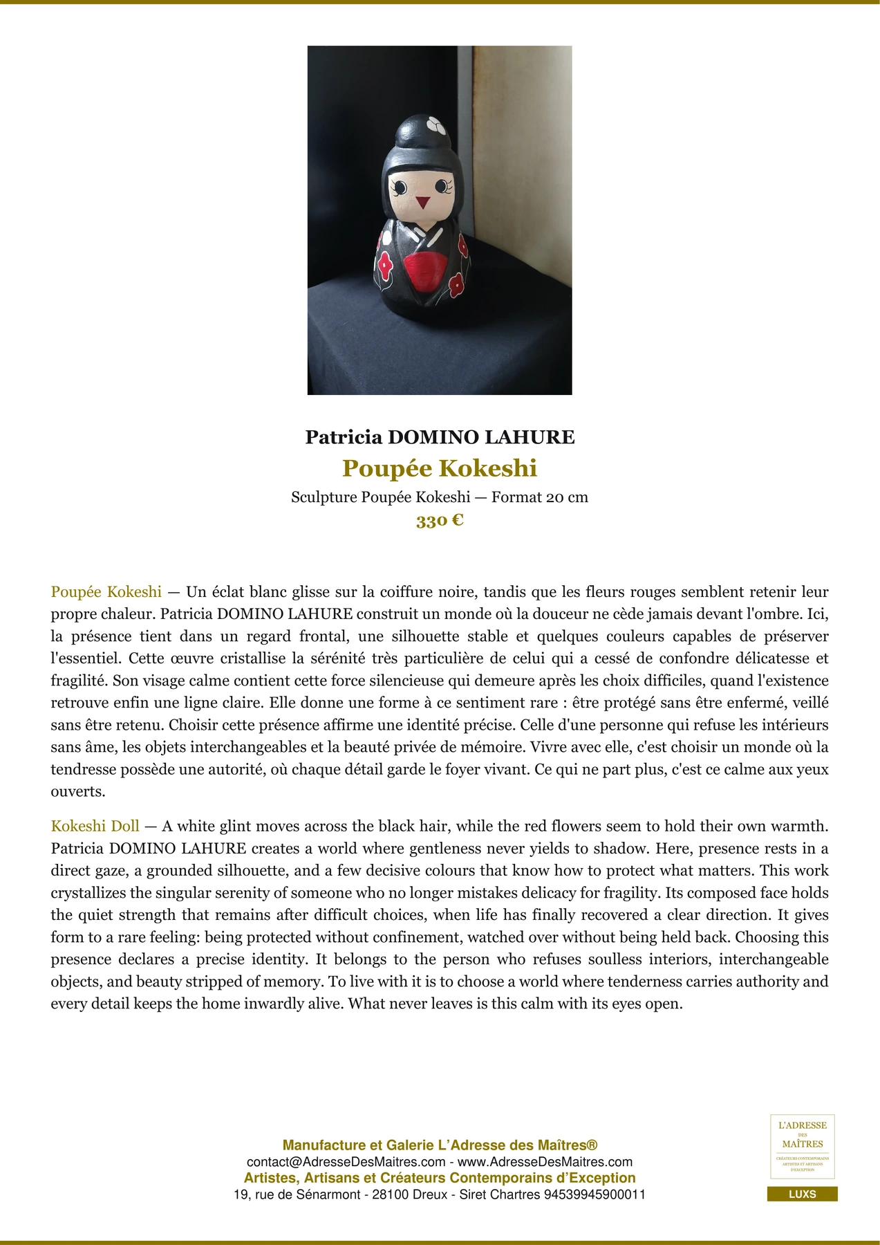 Fiche Premium — Poupée Kokeshi — Patricia DOMINO LAHURE — L'Adresse des Maîtres®