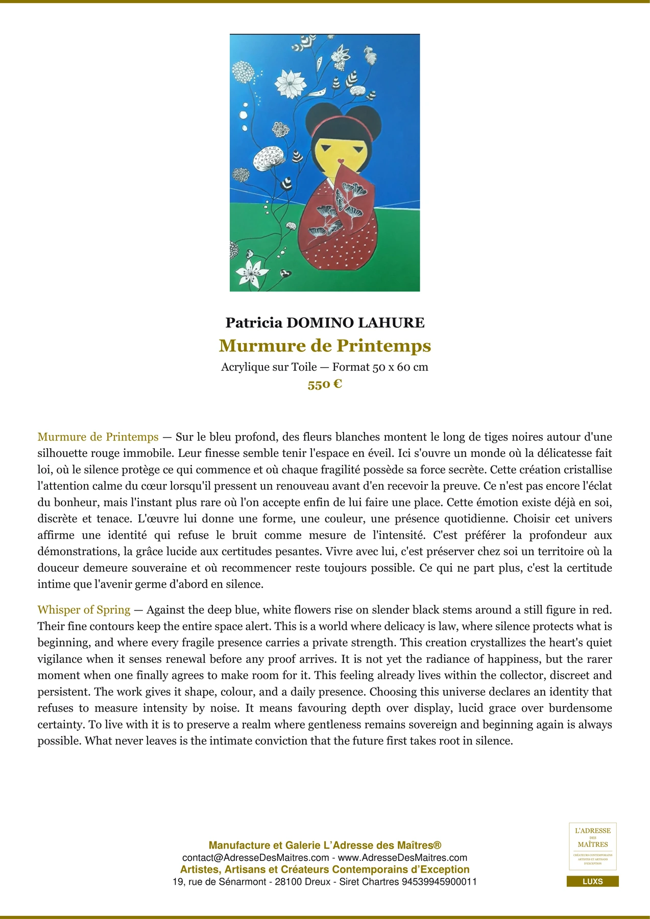 Fiche Premium — Murmure de Printemps — Patricia DOMINO LAHURE — L'Adresse des Maîtres®