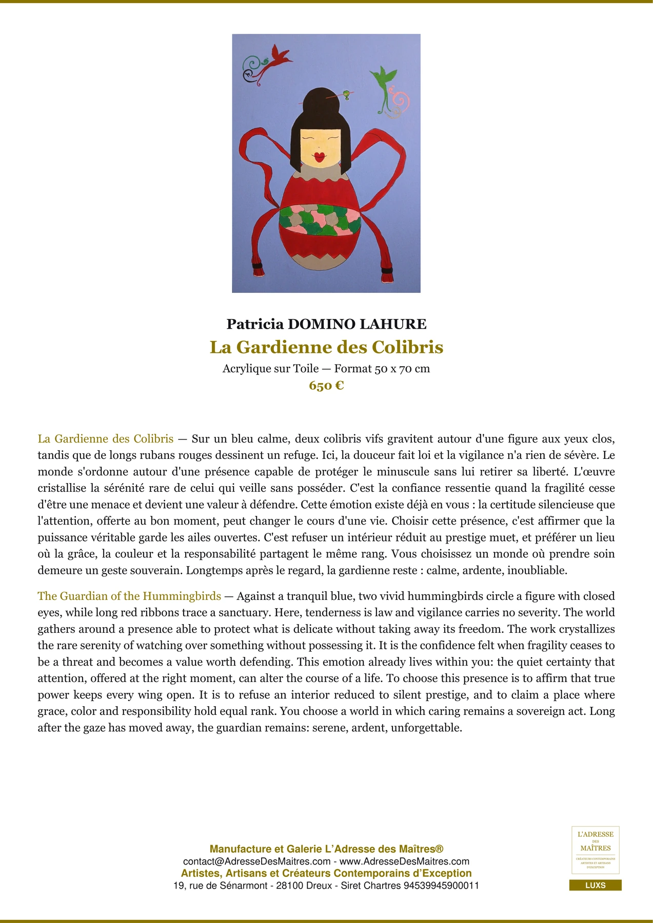 Fiche Premium — La Gardienne des Colibris — Patricia DOMINO LAHURE — L'Adresse des Maîtres®