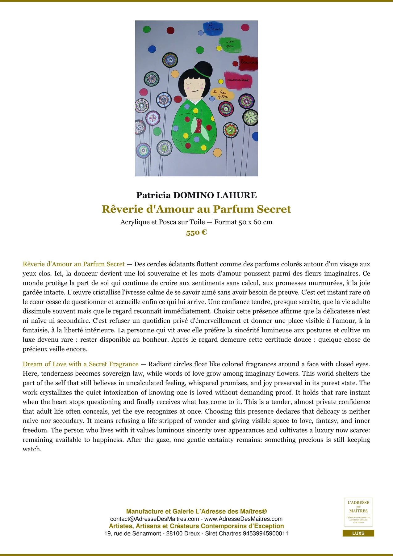 Fiche Premium — Rêverie d'Amour au Parfum Secret — Patricia DOMINO LAHURE — L'Adresse des Maîtres®
