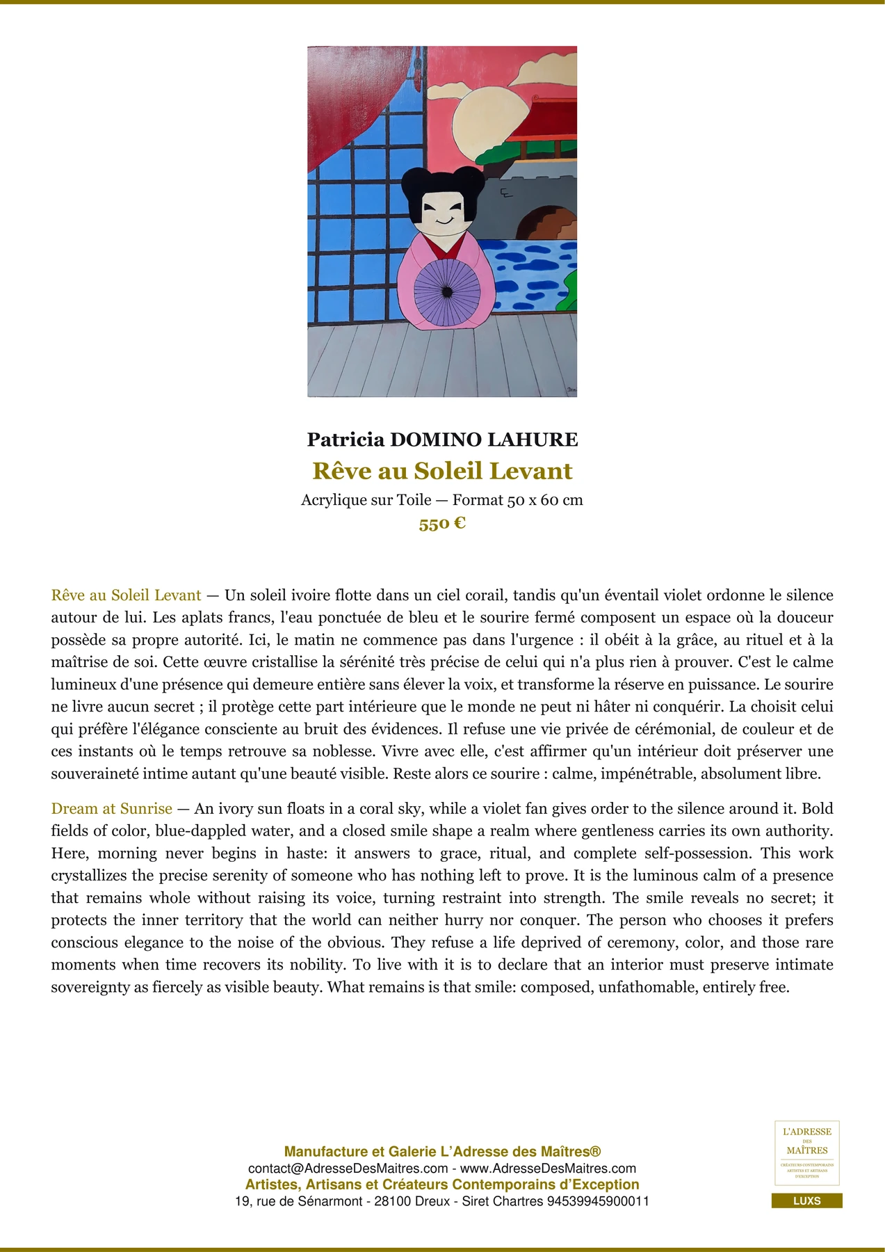Fiche Premium — Rêve au Soleil Levant — Patricia DOMINO LAHURE — L'Adresse des Maîtres®