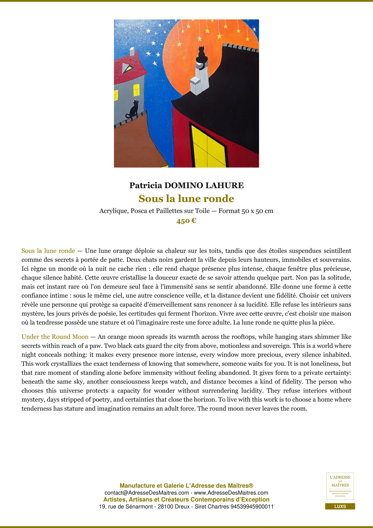 Fiche Premium — Sous la lune ronde — Patricia DOMINO LAHURE — L'Adresse des Maîtres®