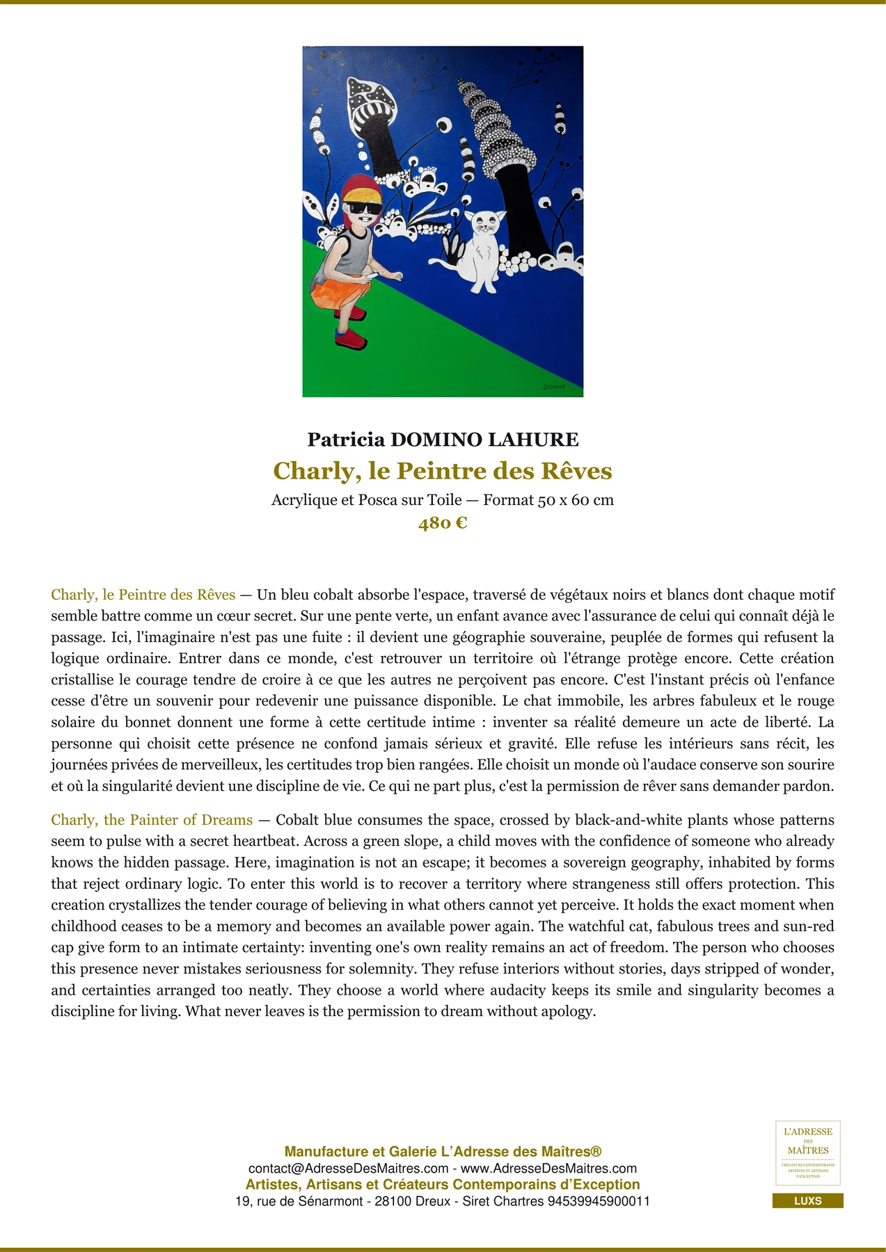 Fiche Premium — Charly, le Peintre des Rêves — Patricia DOMINO LAHURE — L'Adresse des Maîtres®