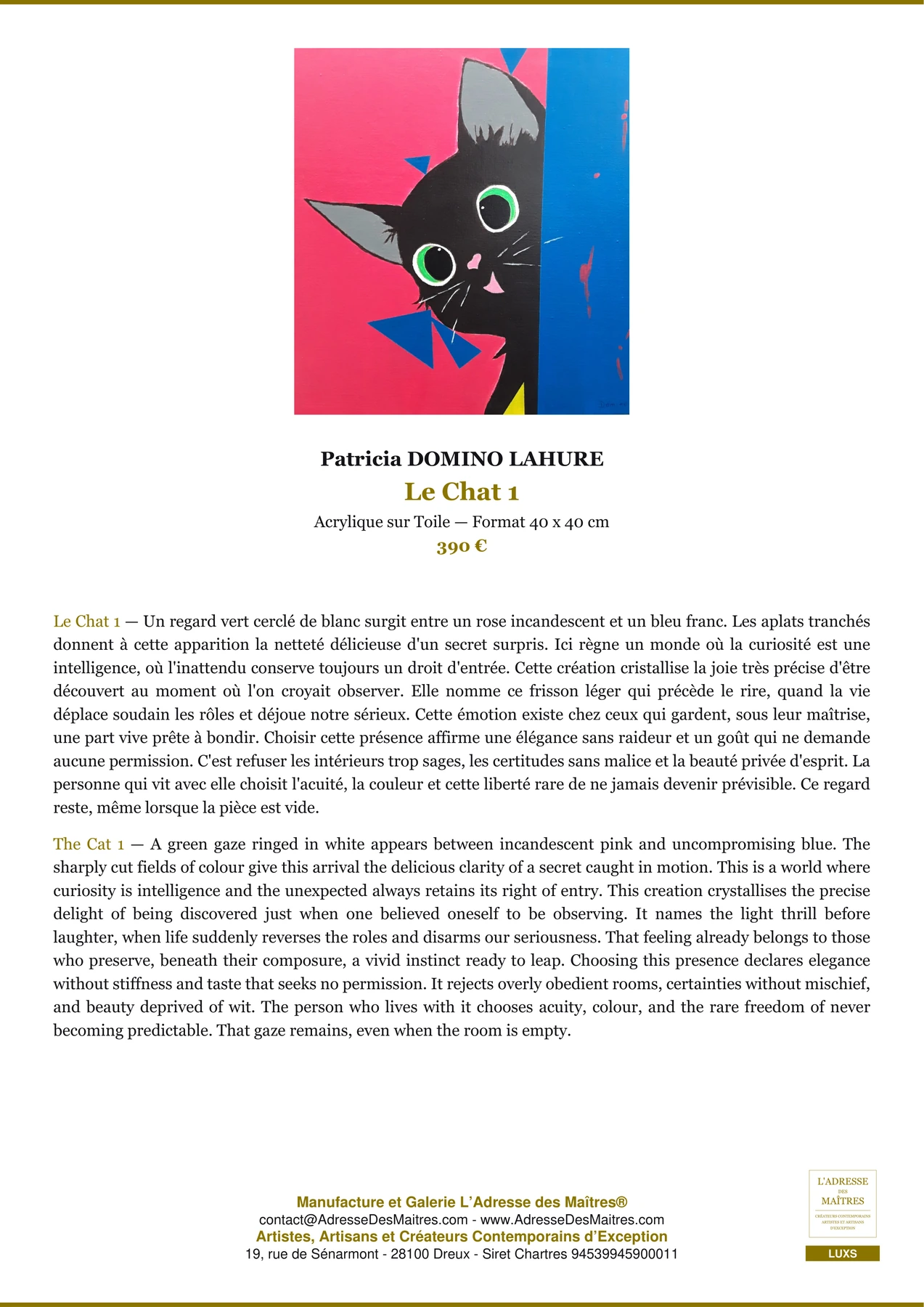 Fiche Premium — Le Chat 1 — Patricia DOMINO LAHURE — L'Adresse des Maîtres®