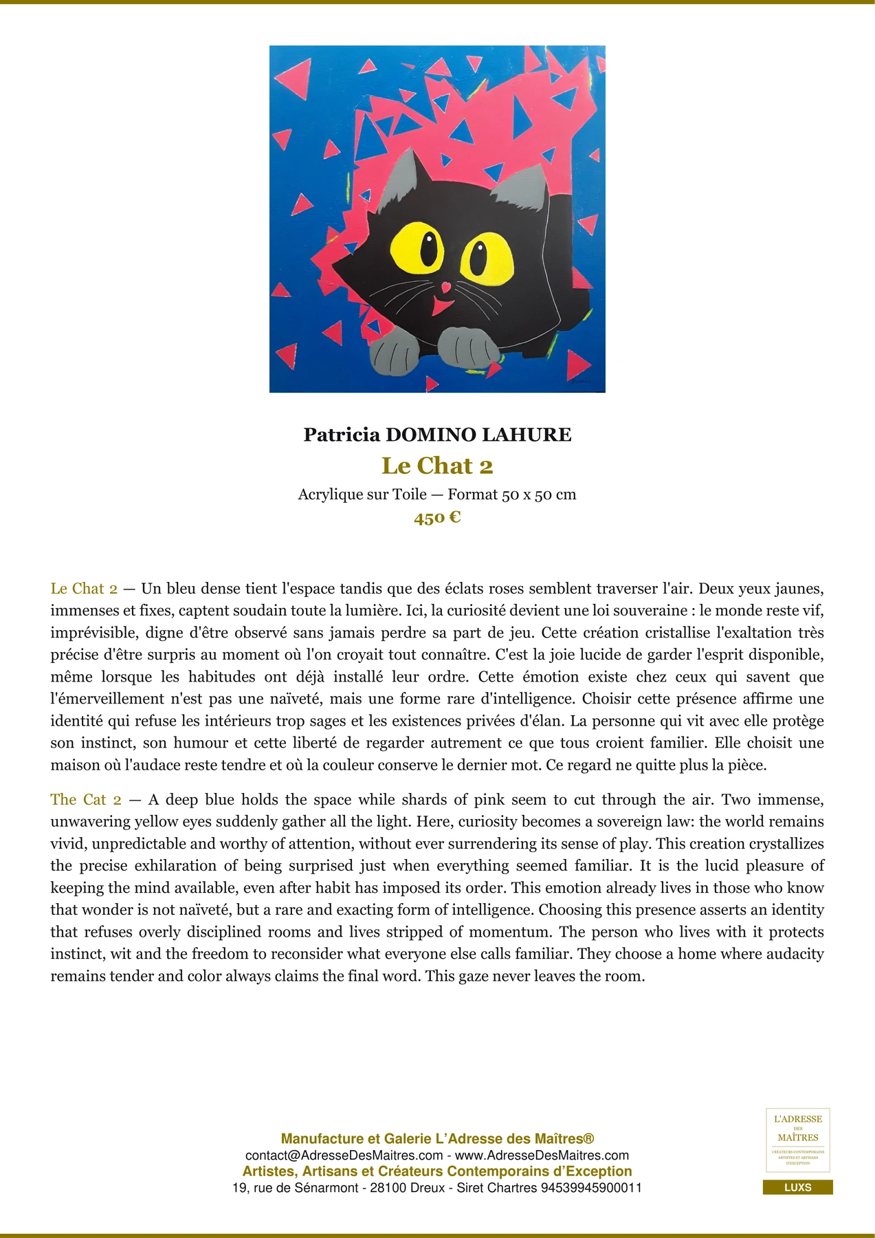 Fiche Premium — Le Chat 2 — Patricia DOMINO LAHURE — L'Adresse des Maîtres®