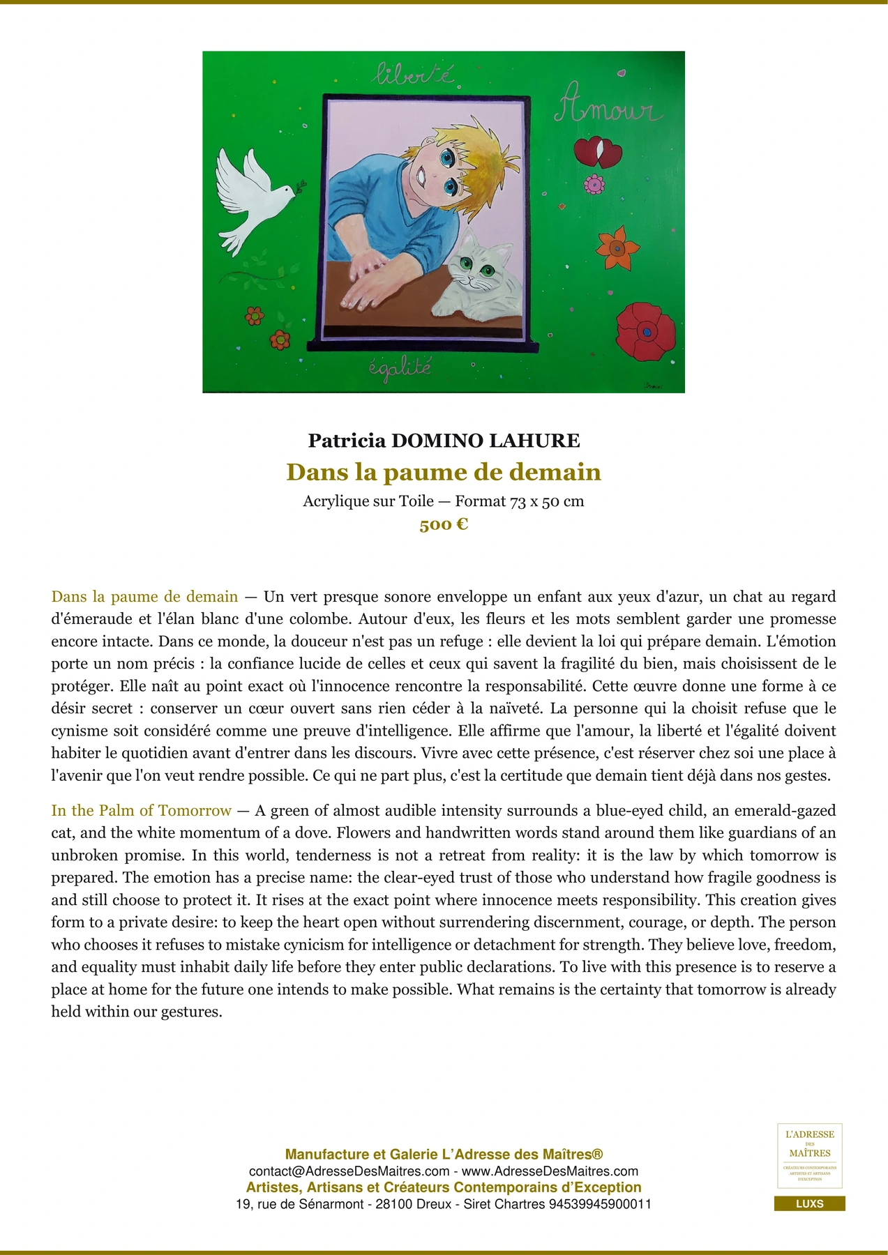 Fiche Premium — Dans la paume de demain — Patricia DOMINO LAHURE — L'Adresse des Maîtres®