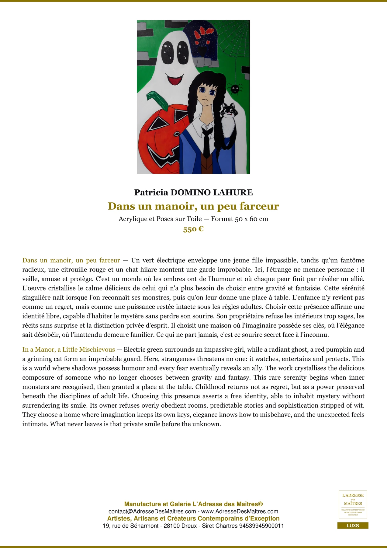 Fiche Premium — Dans un manoir, un peu farceur — Patricia DOMINO LAHURE — L'Adresse des Maîtres®