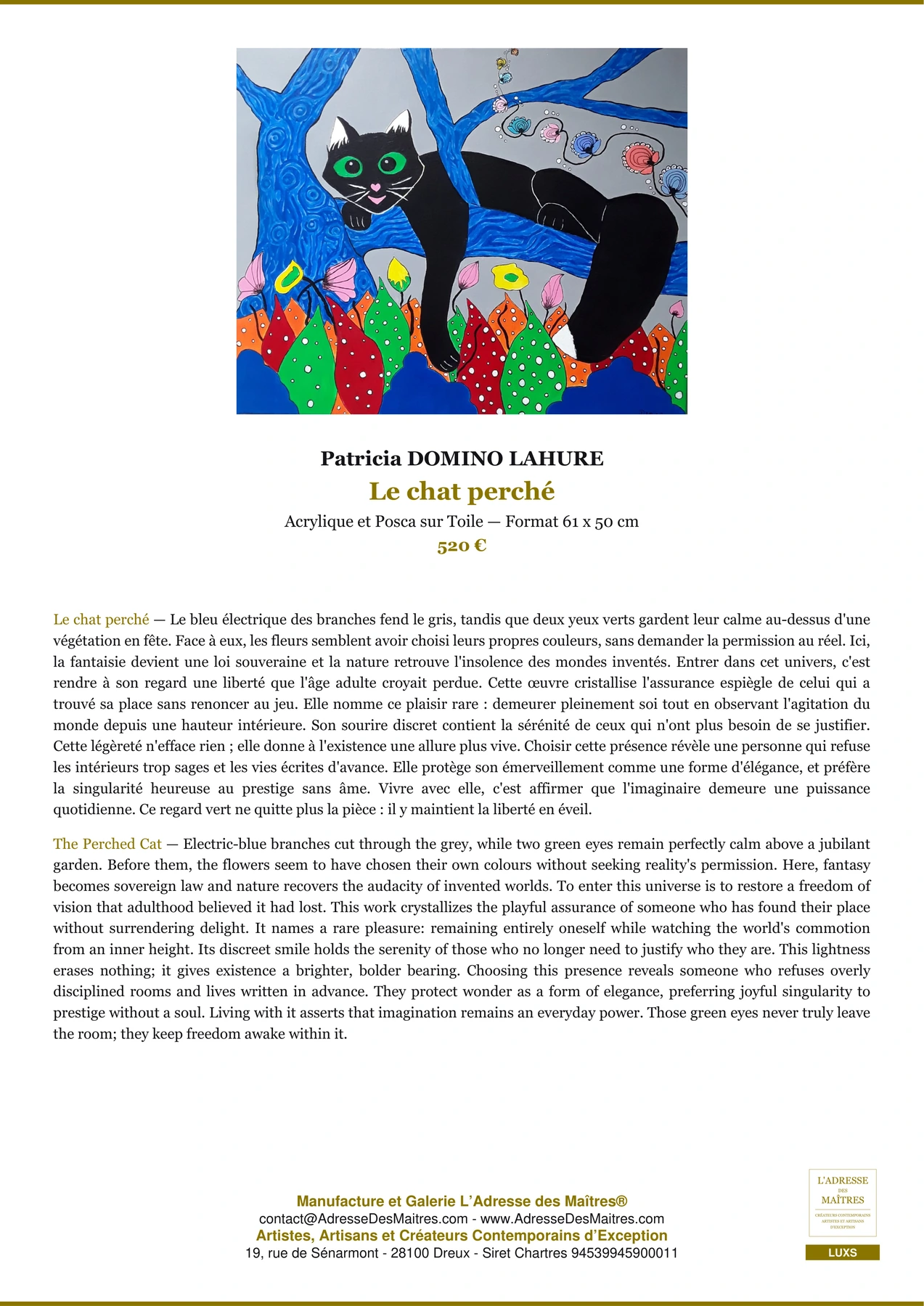 Fiche Premium — Le chat perché — Patricia DOMINO LAHURE — L'Adresse des Maîtres®