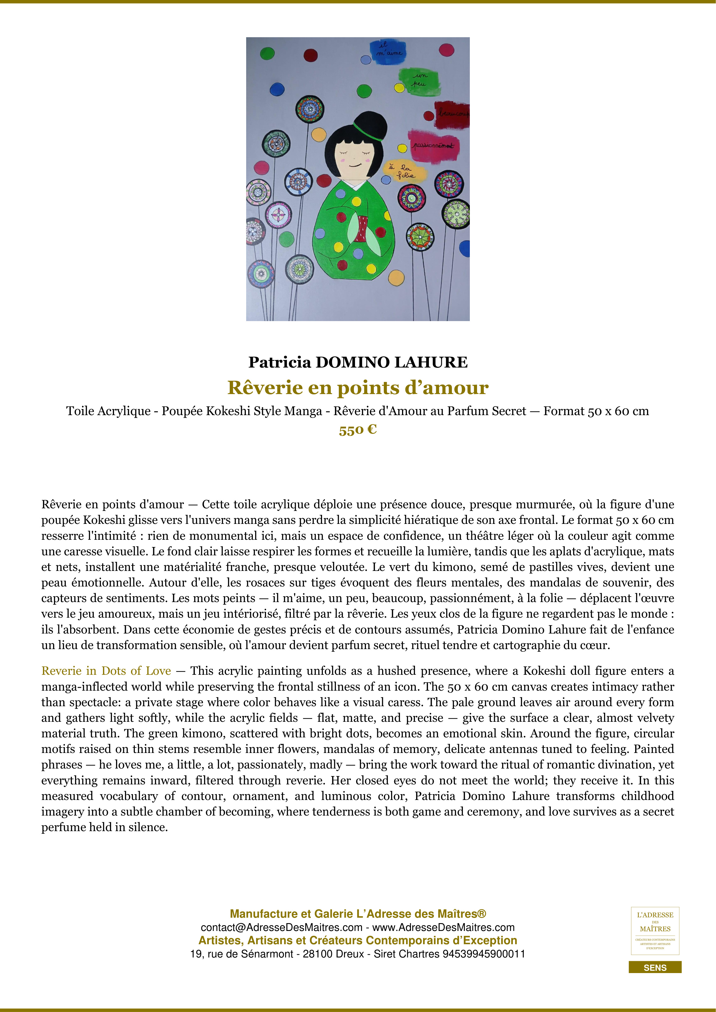 Fiche Premium — Rêverie en points d’amour — Patricia DOMINO LAHURE — L'Adresse des Maîtres®