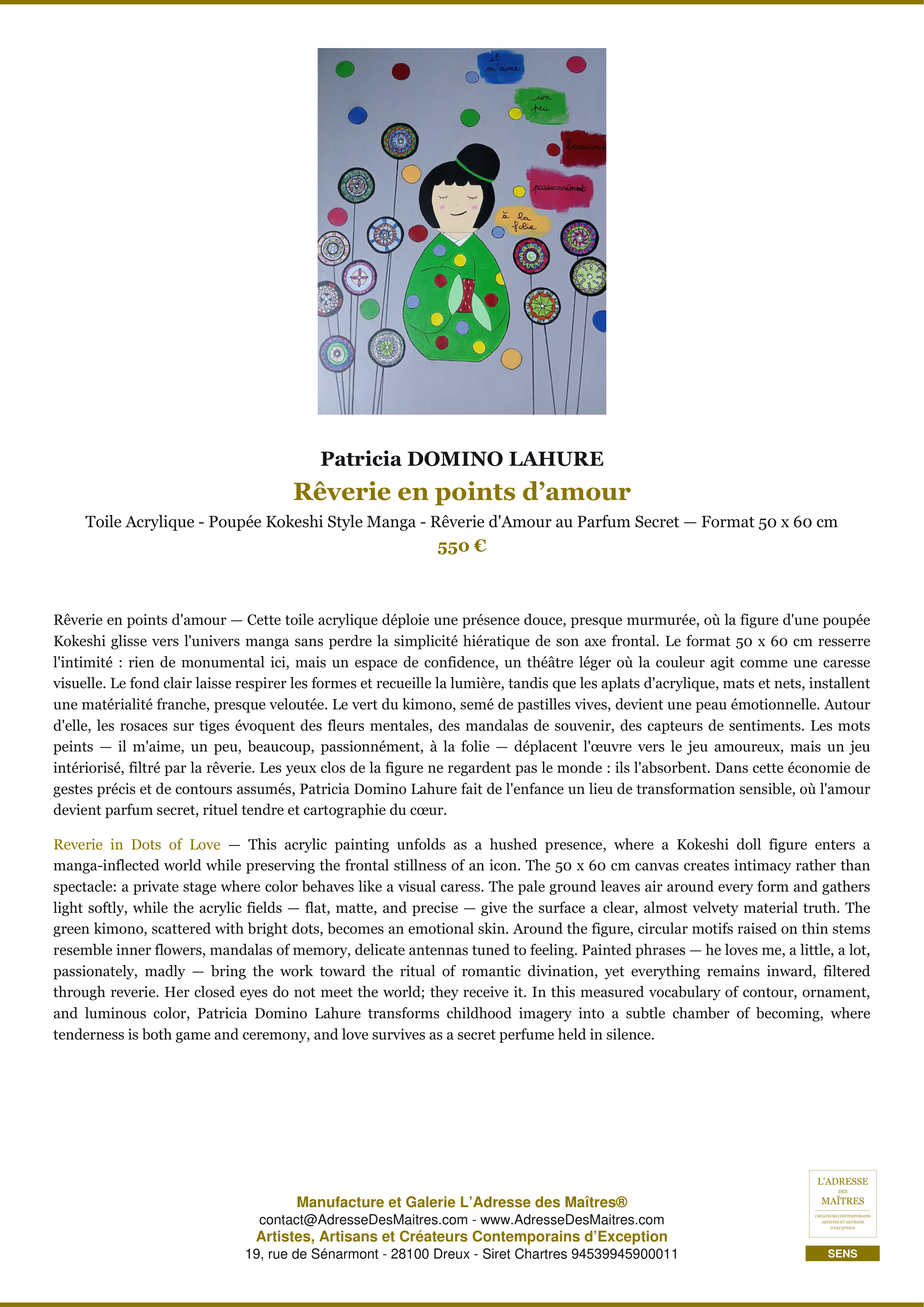 Fiche Premium — Rêverie en points d’amour — Patricia DOMINO LAHURE — L'Adresse des Maîtres®