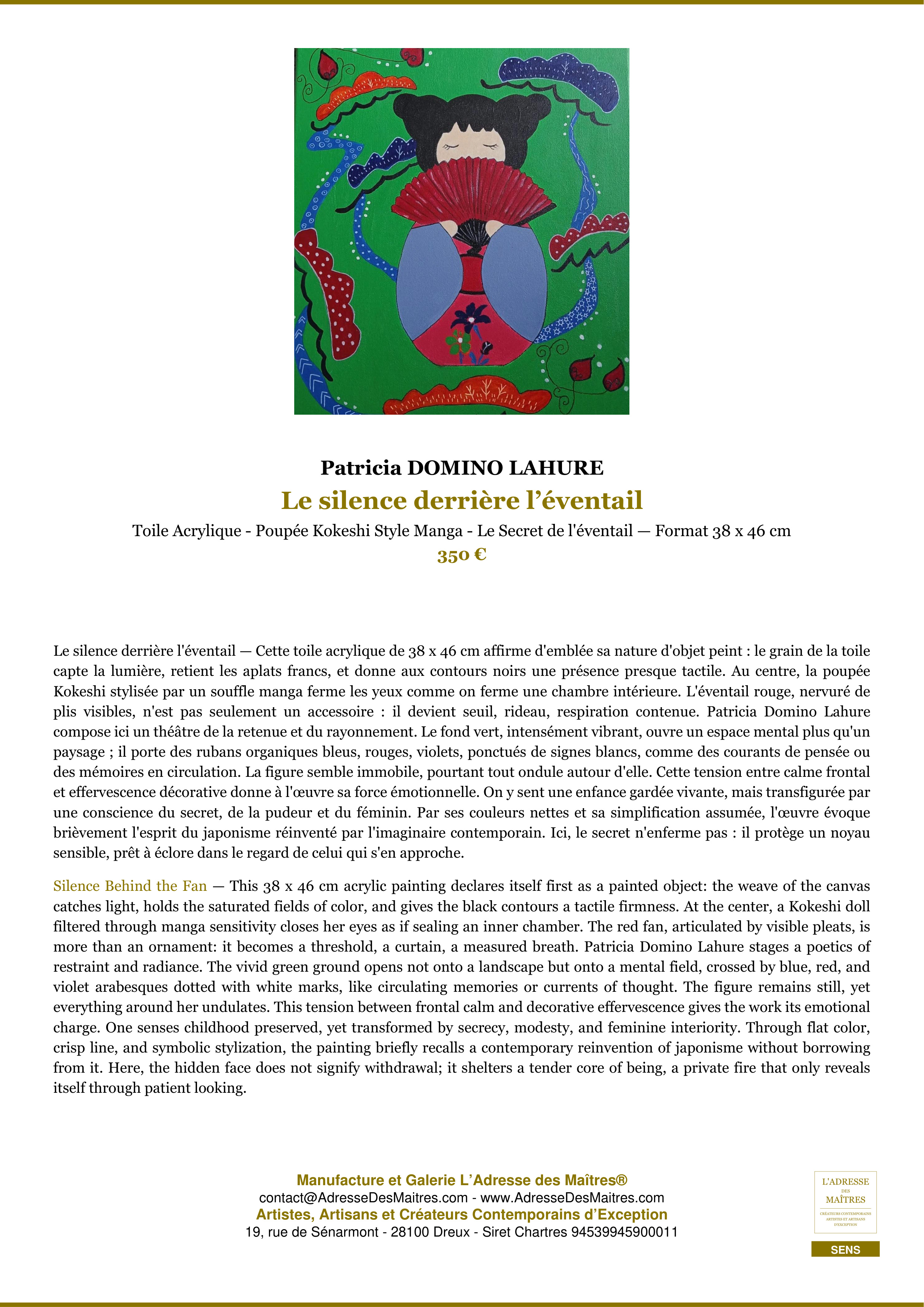 Fiche Premium — Le silence derrière l’éventail — Patricia DOMINO LAHURE — L'Adresse des Maîtres®