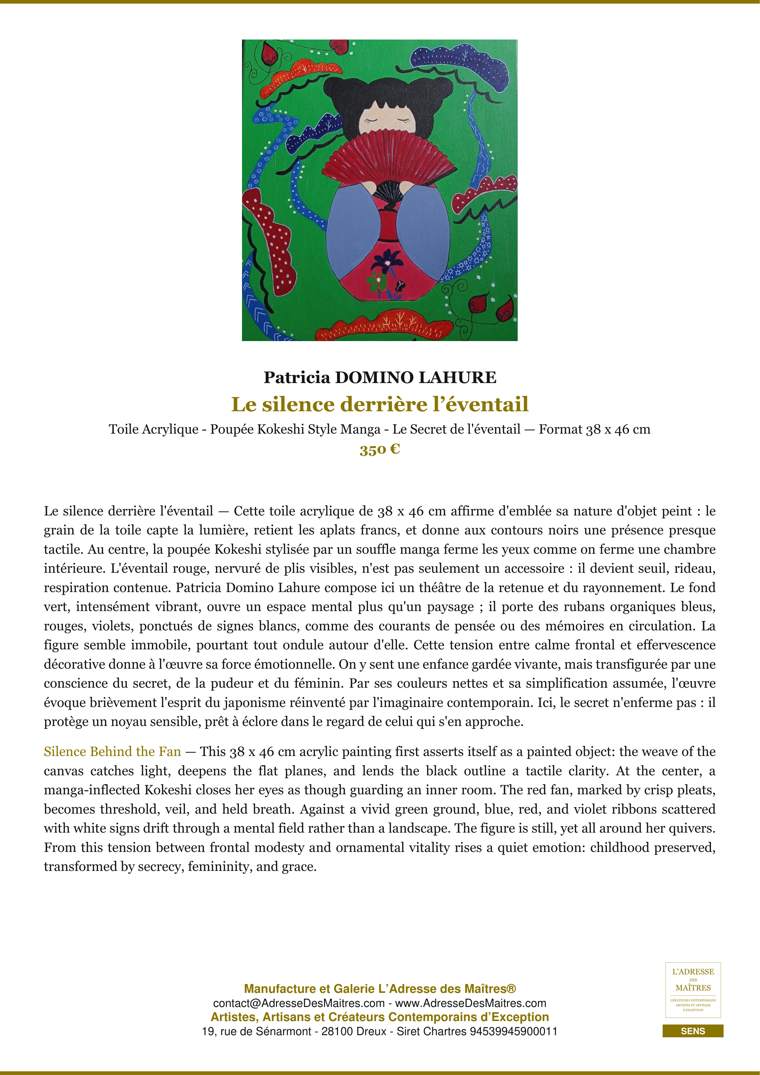 Fiche Premium — Le silence derrière l’éventail — Patricia DOMINO LAHURE — L'Adresse des Maîtres®