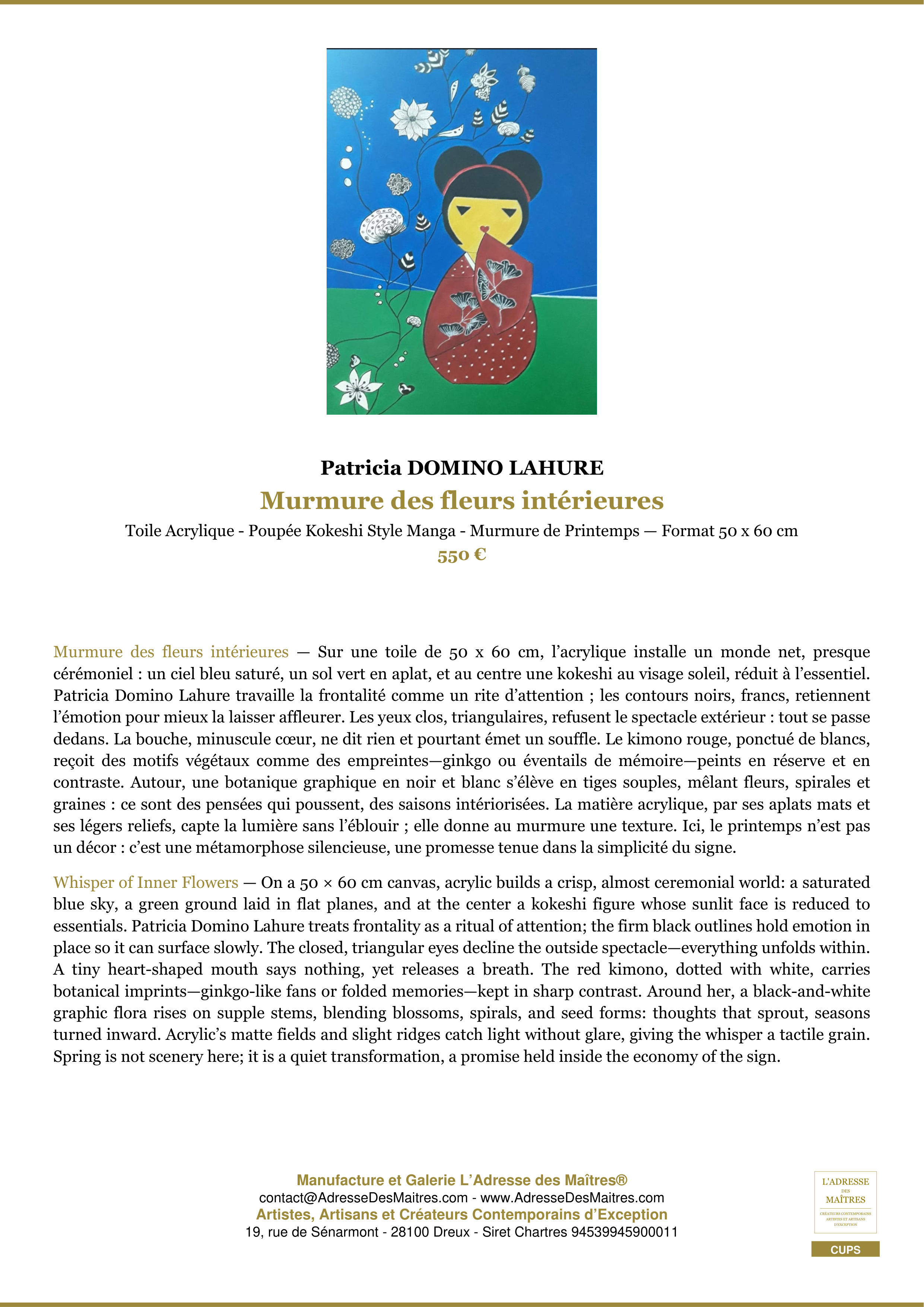 Fiche Premium — Murmure des fleurs intérieures — Patricia DOMINO LAHURE — L'Adresse des Maîtres®