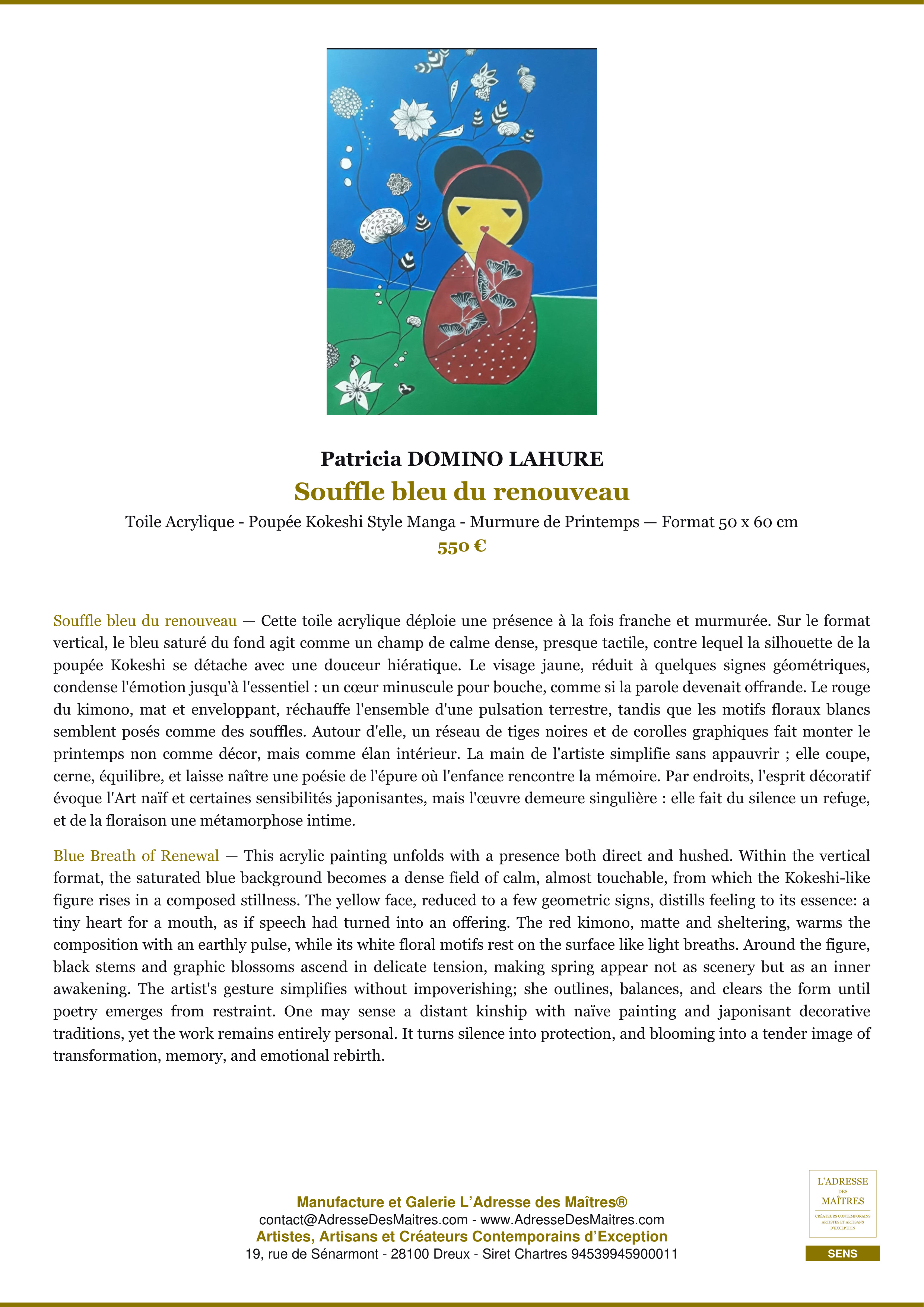 Fiche Premium — Souffle bleu du renouveau — Patricia DOMINO LAHURE — L'Adresse des Maîtres®