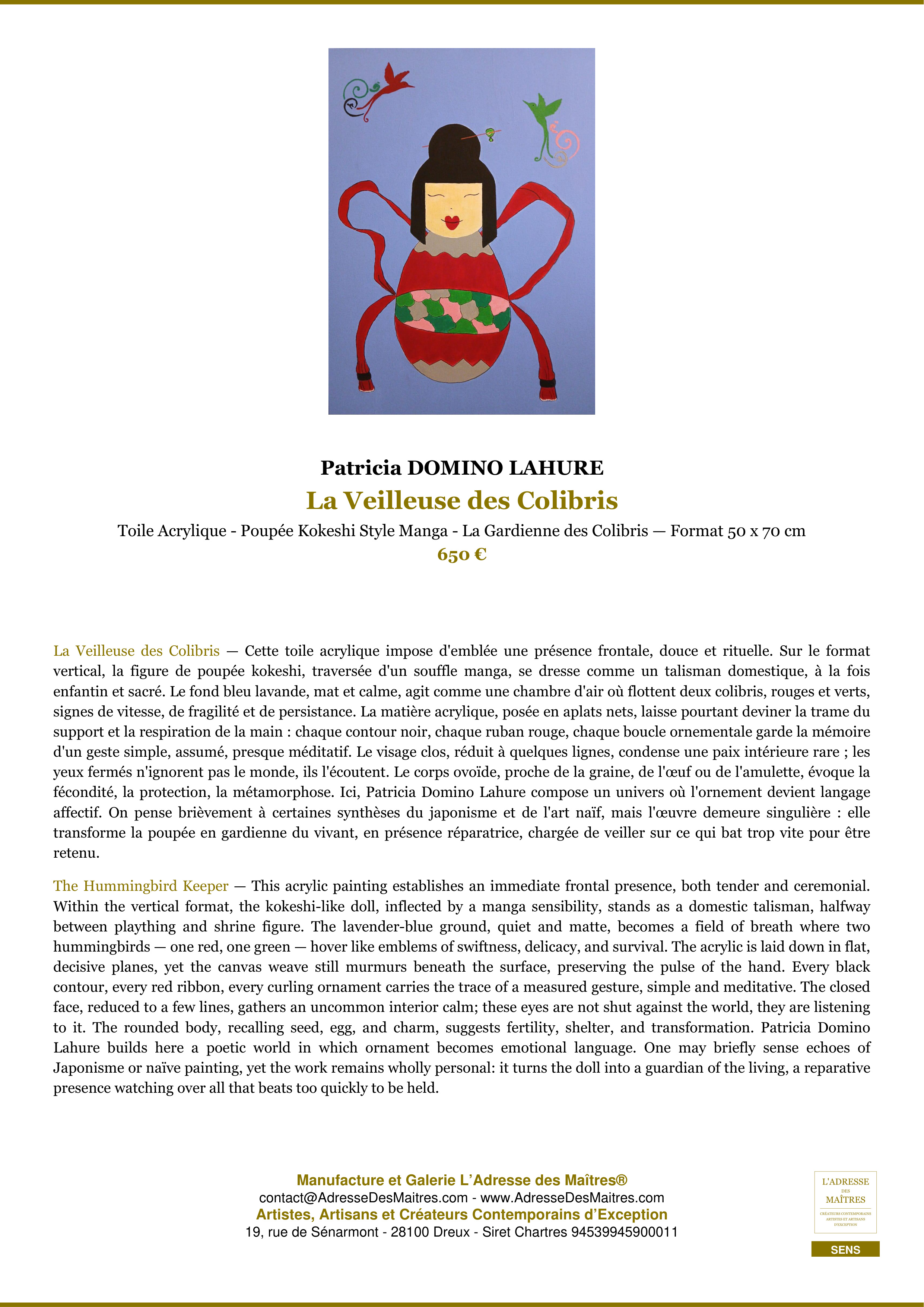 Fiche Premium — La Veilleuse des Colibris — Patricia DOMINO LAHURE — L'Adresse des Maîtres®