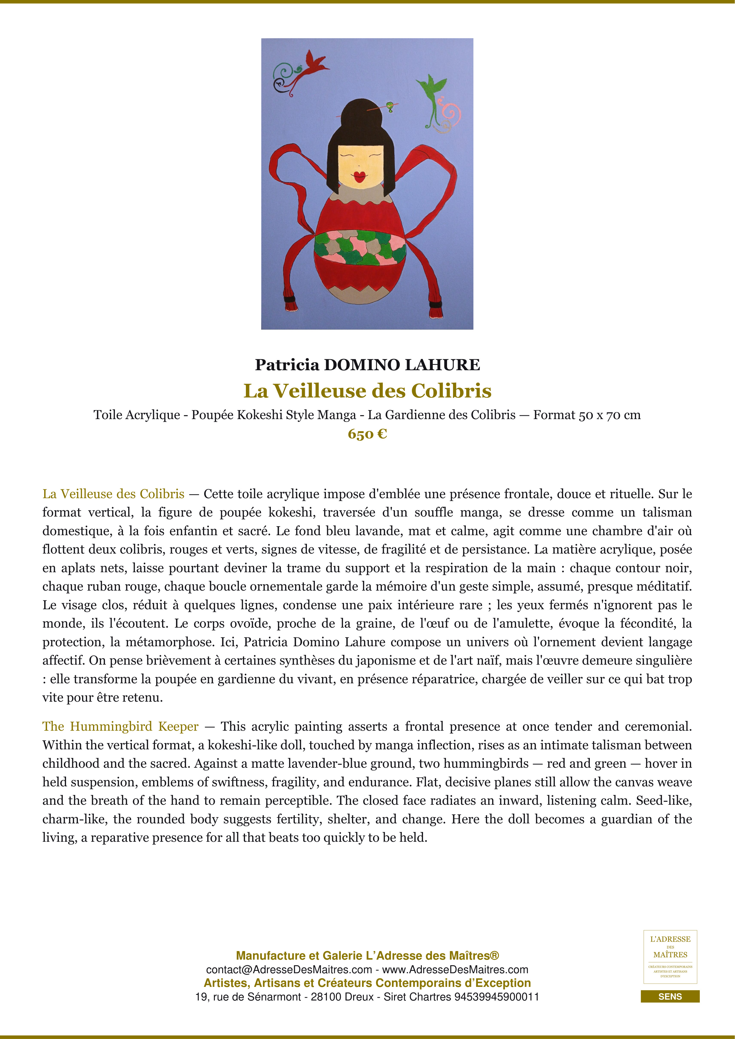 Fiche Premium — La Veilleuse des Colibris — Patricia DOMINO LAHURE — L'Adresse des Maîtres®