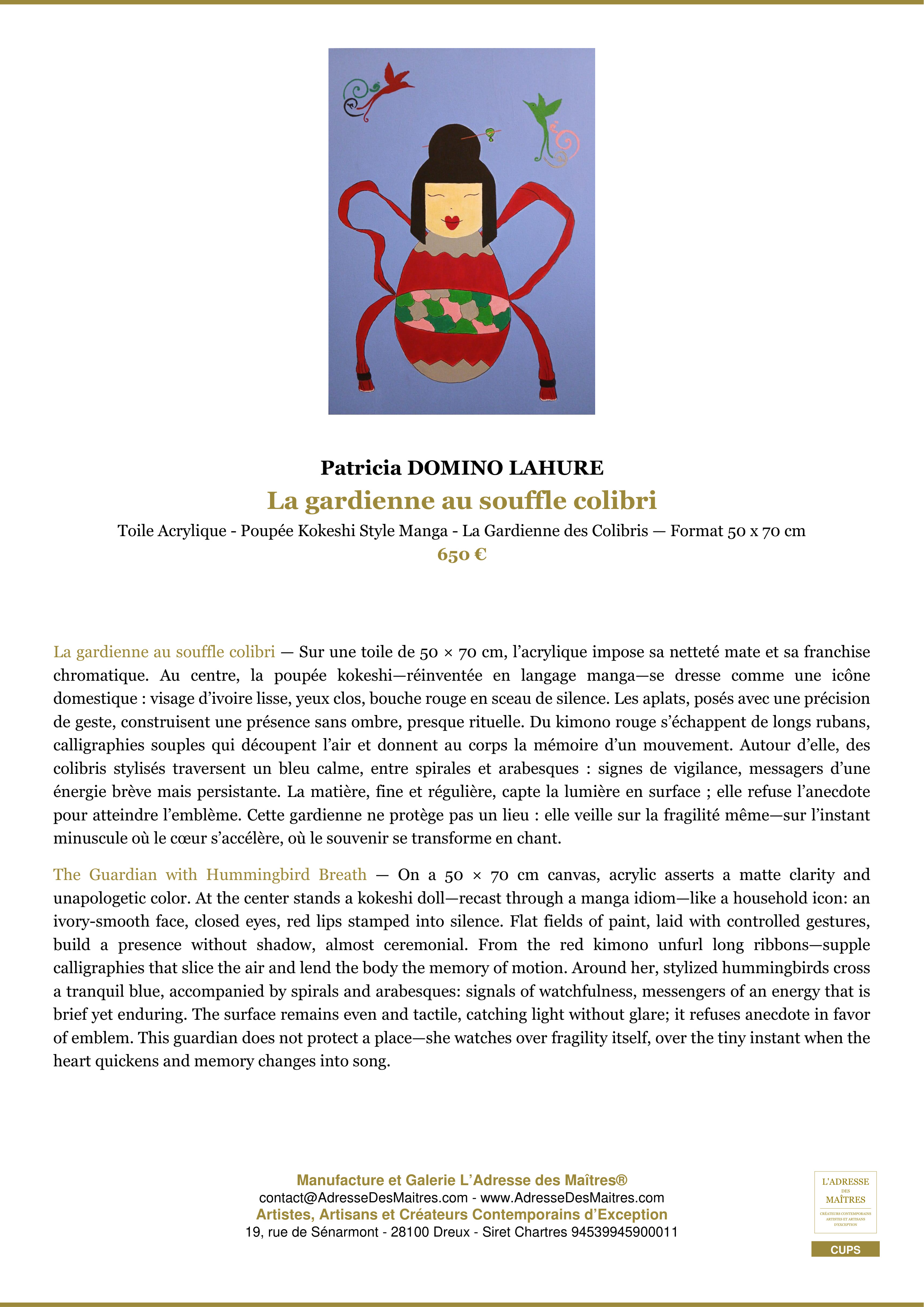 Fiche Premium — La gardienne au souffle colibri — Patricia DOMINO LAHURE — L'Adresse des Maîtres®