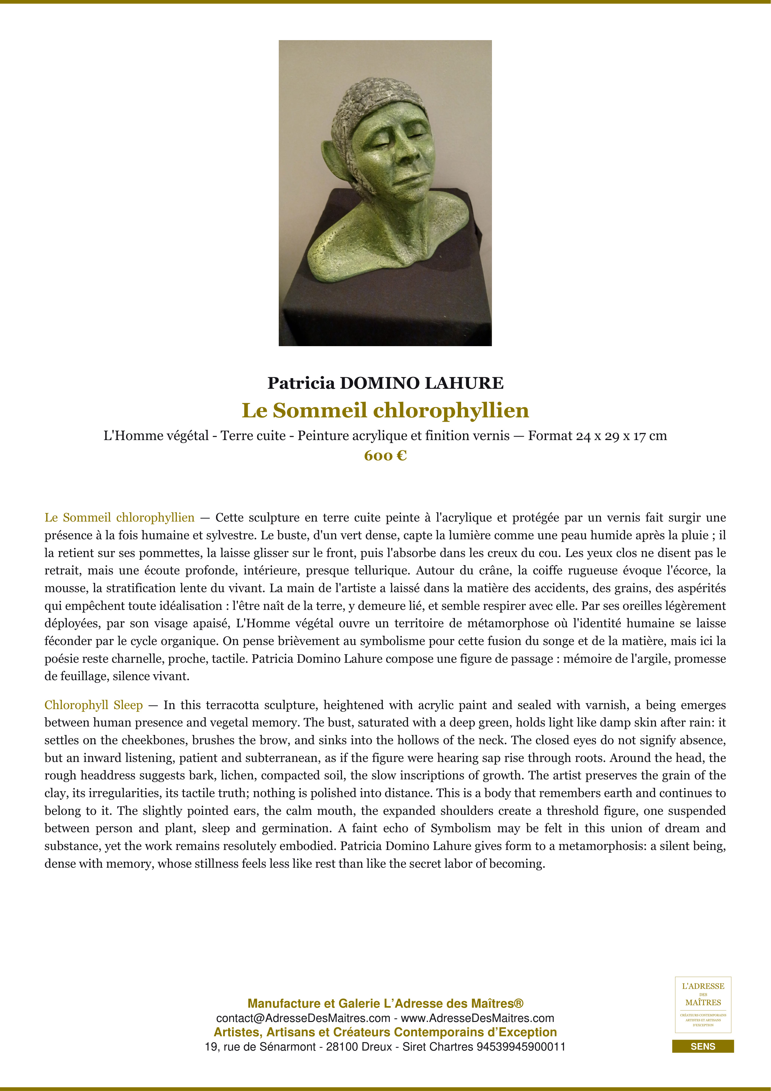 Fiche Premium — Le Sommeil chlorophyllien — Patricia DOMINO LAHURE — L'Adresse des Maîtres®