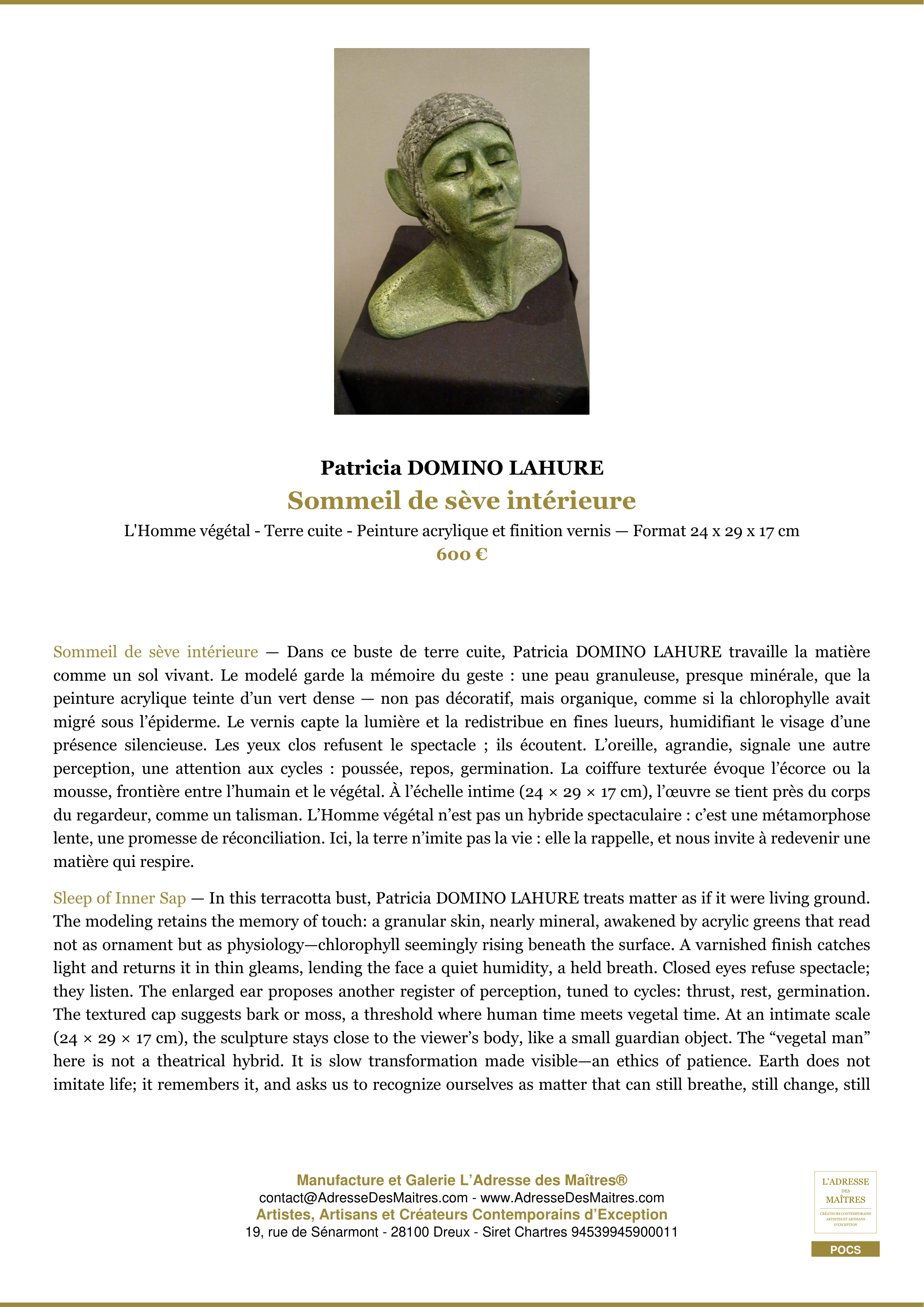 Fiche Premium — Sommeil de sève intérieure — Patricia DOMINO LAHURE — L'Adresse des Maîtres®