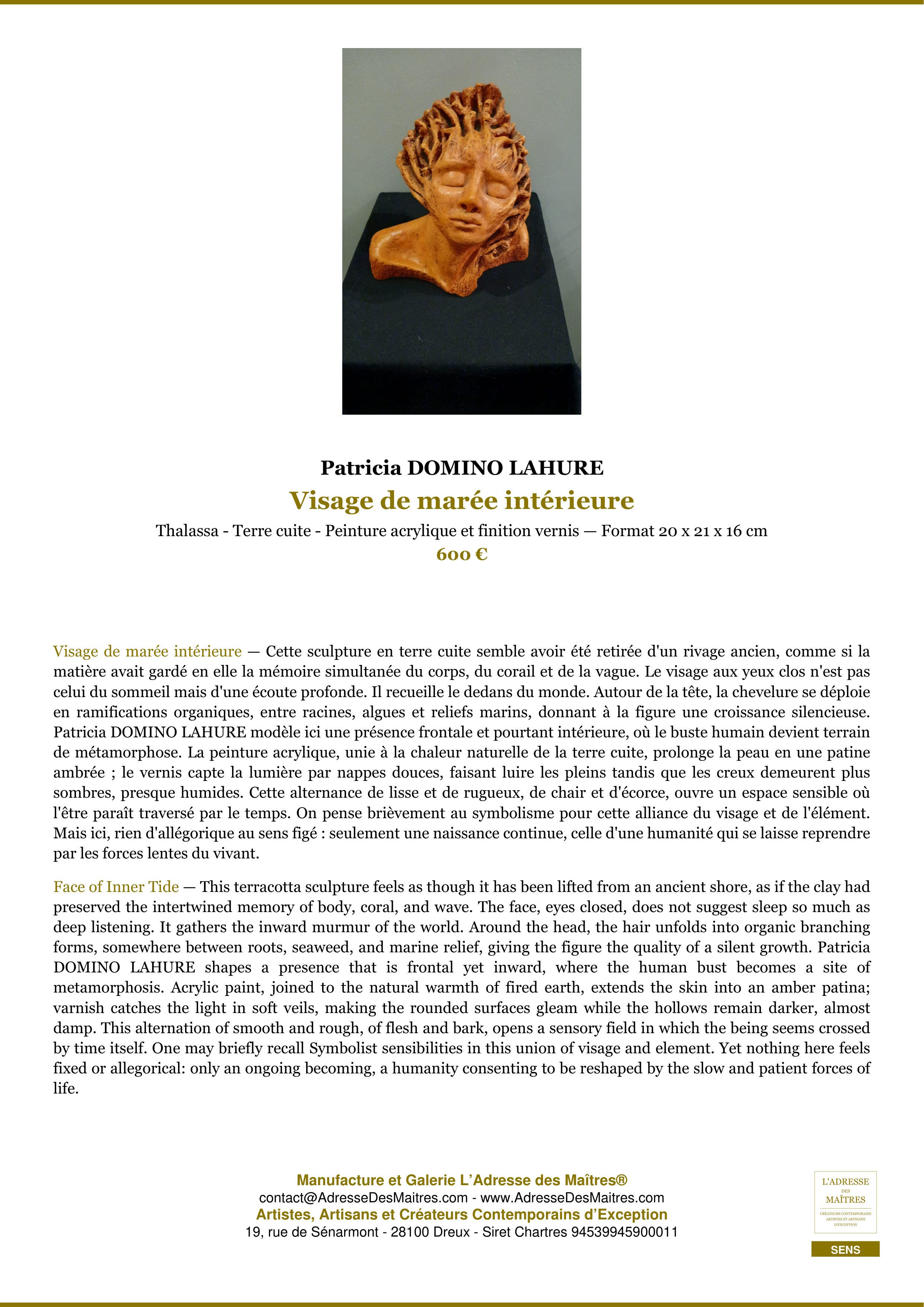 Fiche Premium — Visage de marée intérieure — Patricia DOMINO LAHURE — L'Adresse des Maîtres®