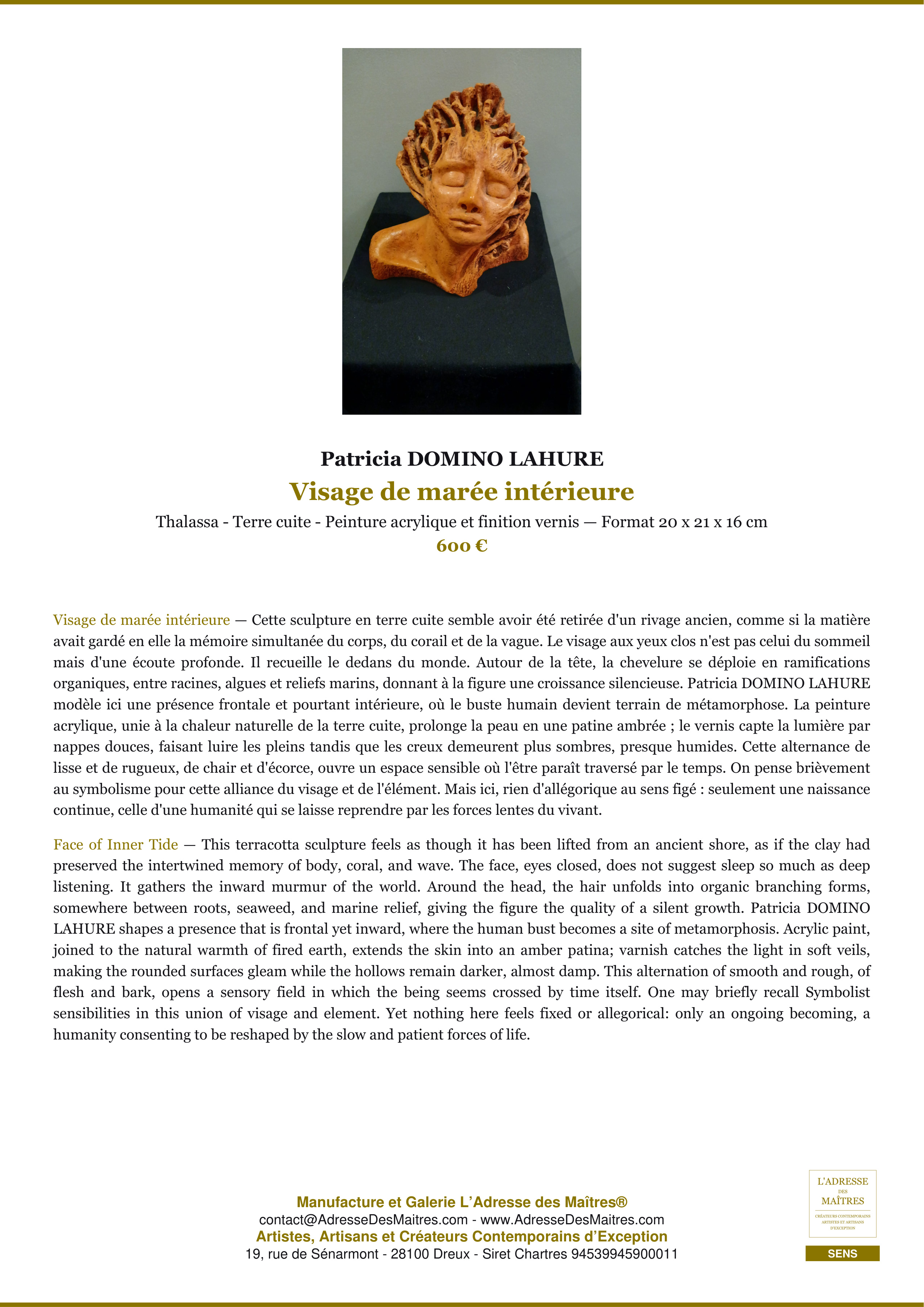 Fiche Premium — Visage de marée intérieure — Patricia DOMINO LAHURE — L'Adresse des Maîtres®