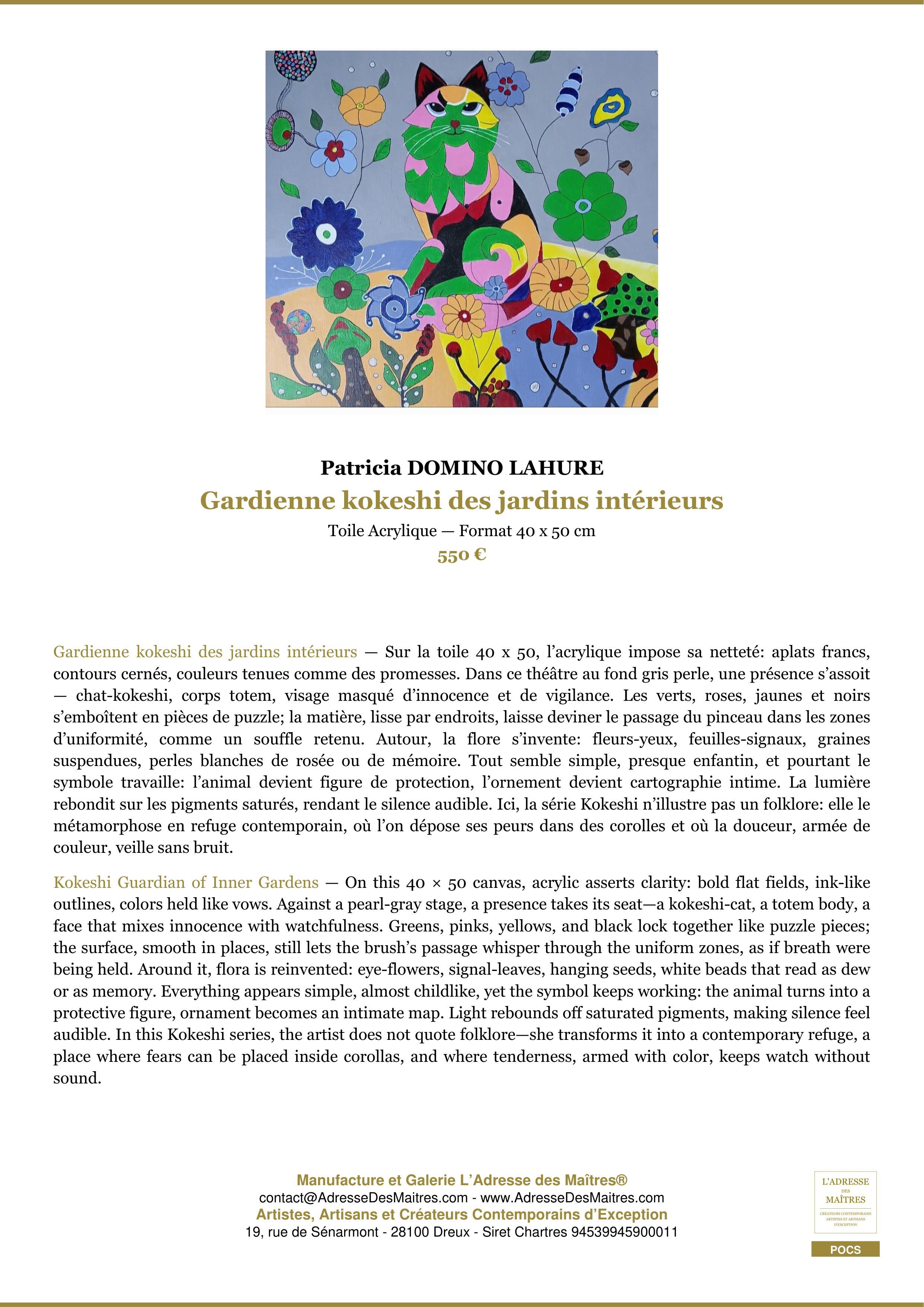 Fiche Premium — Gardienne kokeshi des jardins intérieurs — Patricia DOMINO LAHURE — L'Adresse des Maîtres®