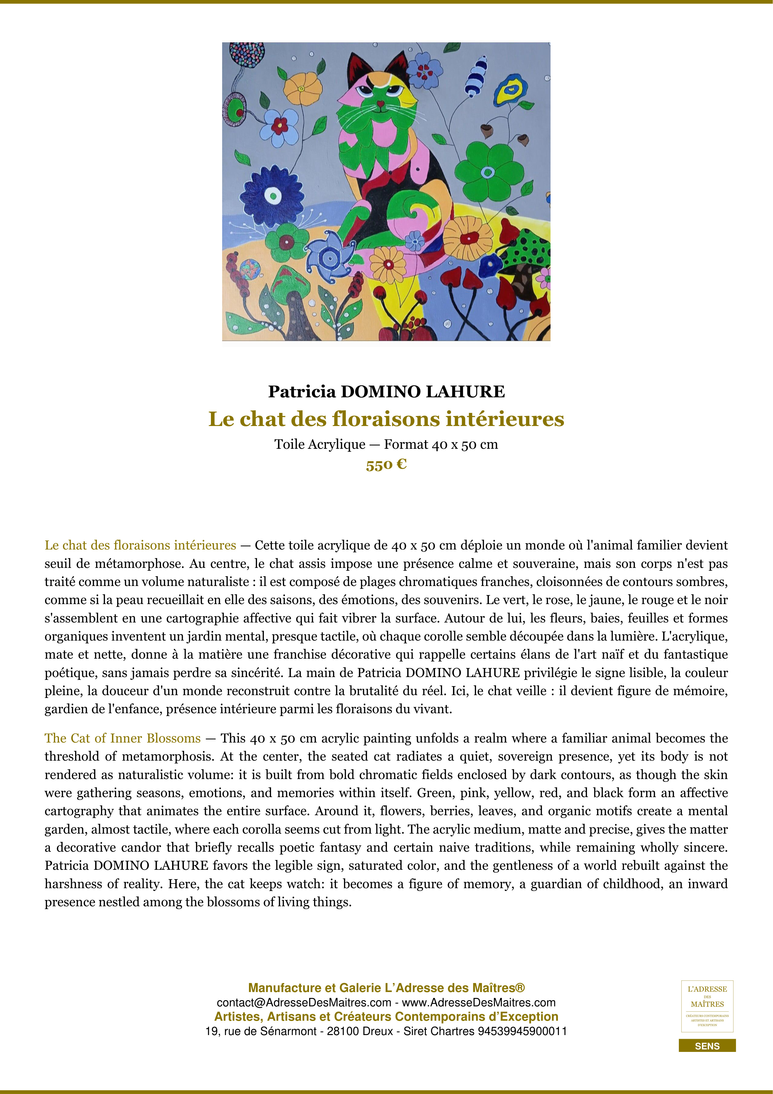 Fiche Premium — Le chat des floraisons intérieures — Patricia DOMINO LAHURE — L'Adresse des Maîtres®