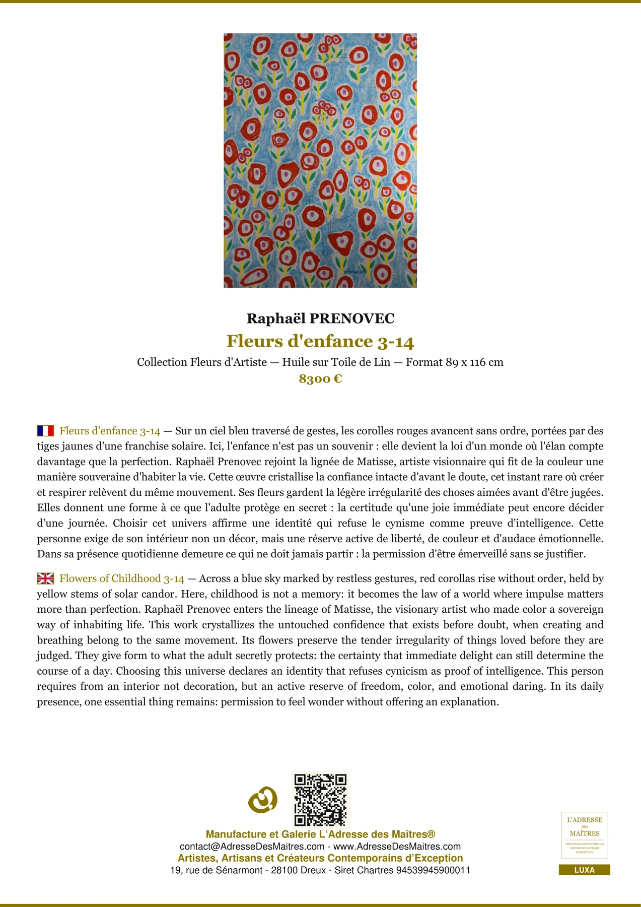 Fleurs d'enfance 3-14 — Fiche Premium, Huile sur Toile de Lin 89 x 116 cm, Raphaël PRENOVEC