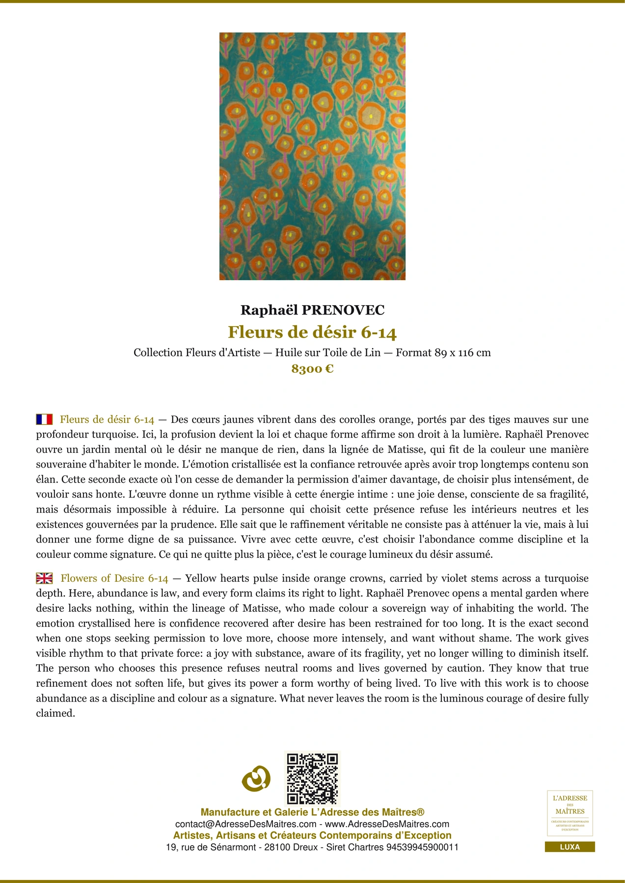 Fiche Premium - Fleurs de désir 6-14 - Raphaël PRENOVEC - L'Adresse des Maîtres®