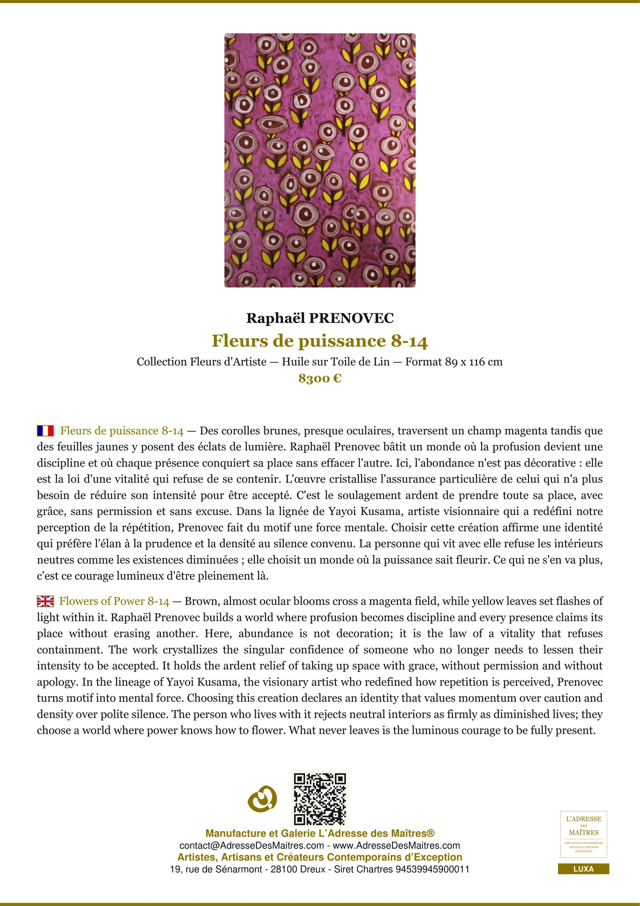 Fiche Premium - Fleurs de puissance 8-14 - Raphaël PRENOVEC - L'Adresse des Maîtres®