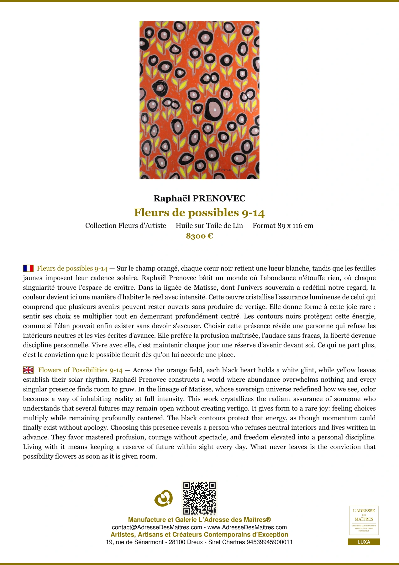 Fiche Premium - Fleurs de possibles 9-14 - Raphaël PRENOVEC - L'Adresse des Maîtres®