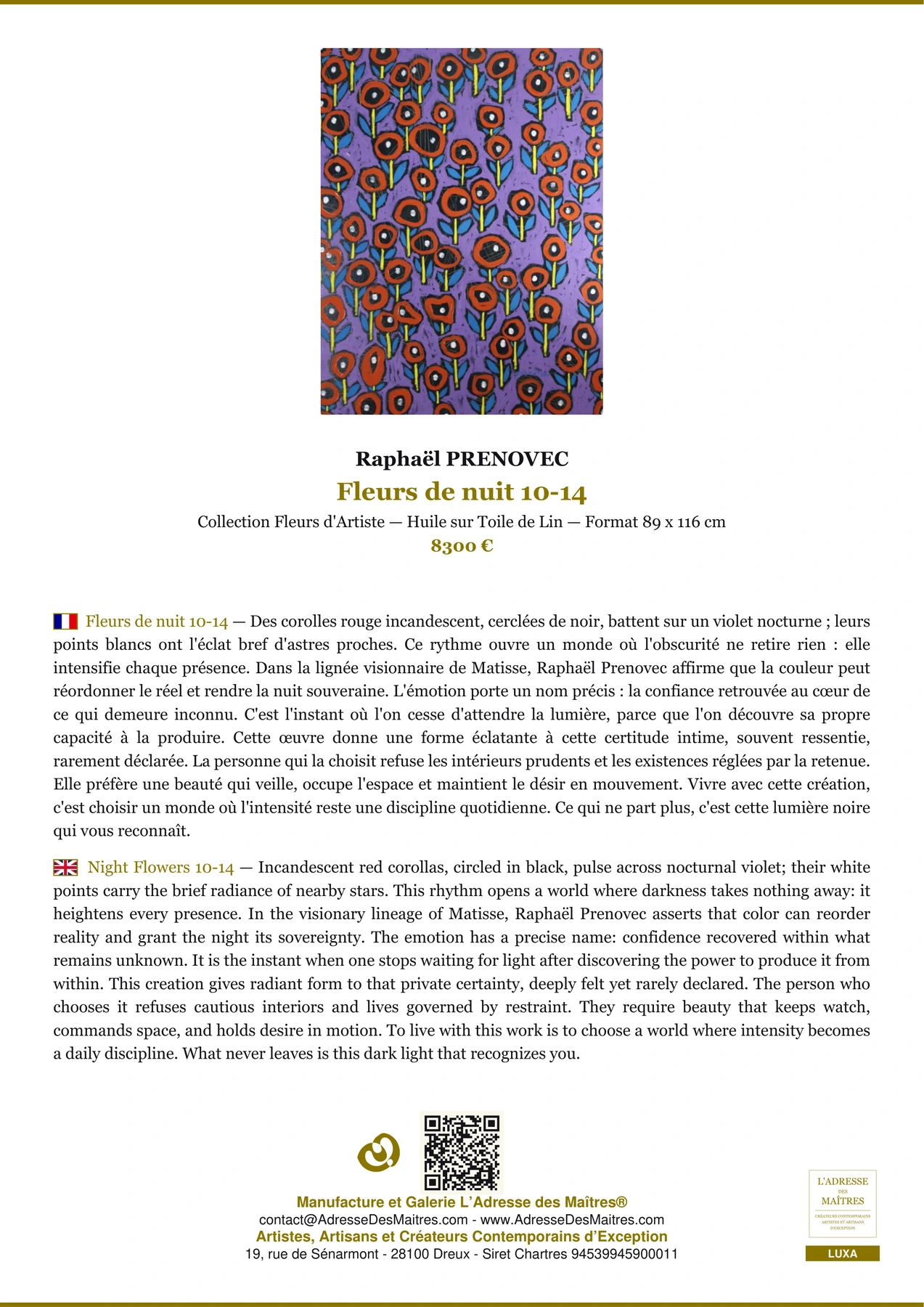 Fiche Premium - Fleurs de nuit 10-14 - Raphaël PRENOVEC - L'Adresse des Maîtres®