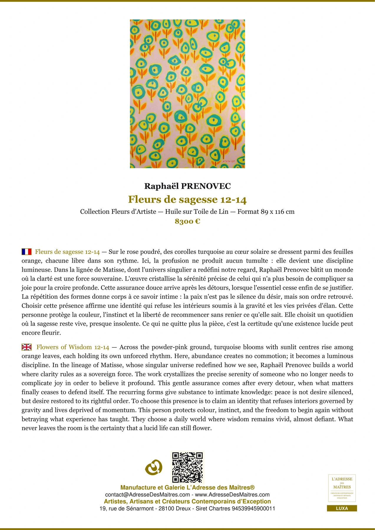 Fiche Premium - Fleurs de sagesse 12-14 - Raphaël PRENOVEC - L'Adresse des Maîtres®