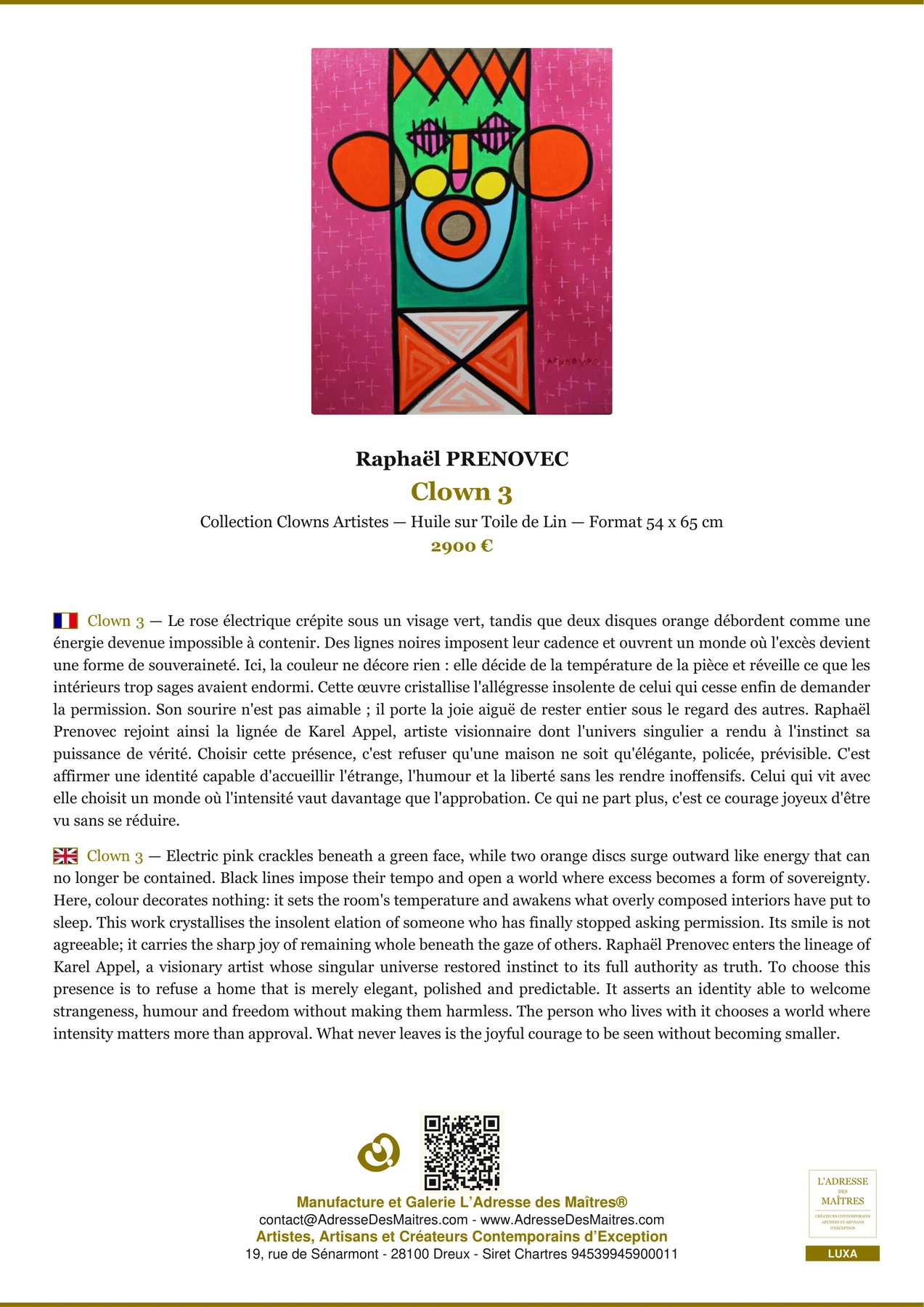 Fiche Premium - Clown 3 - Raphaël PRENOVEC - L'Adresse des Maîtres®