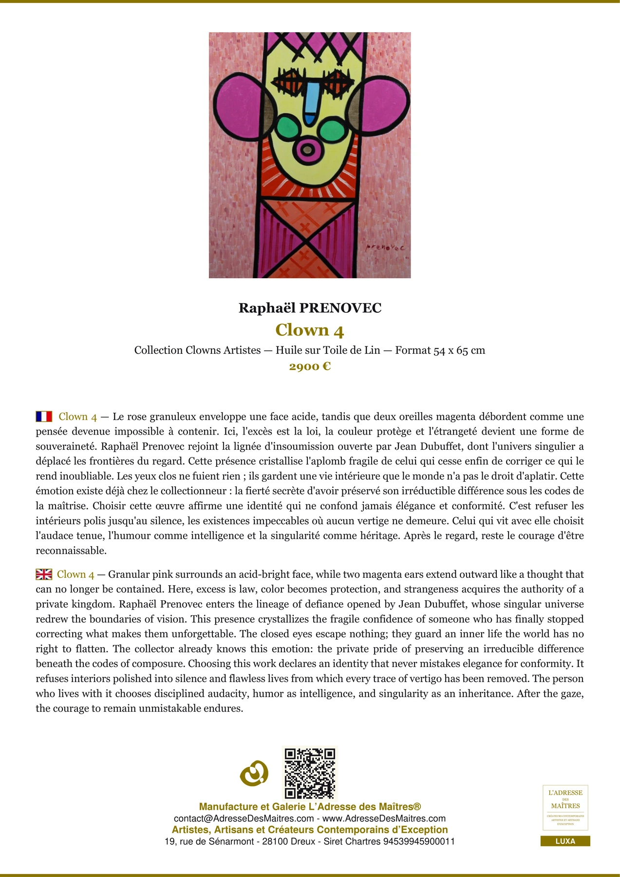 Fiche Premium - Clown 4 - Raphaël PRENOVEC - L'Adresse des Maîtres®