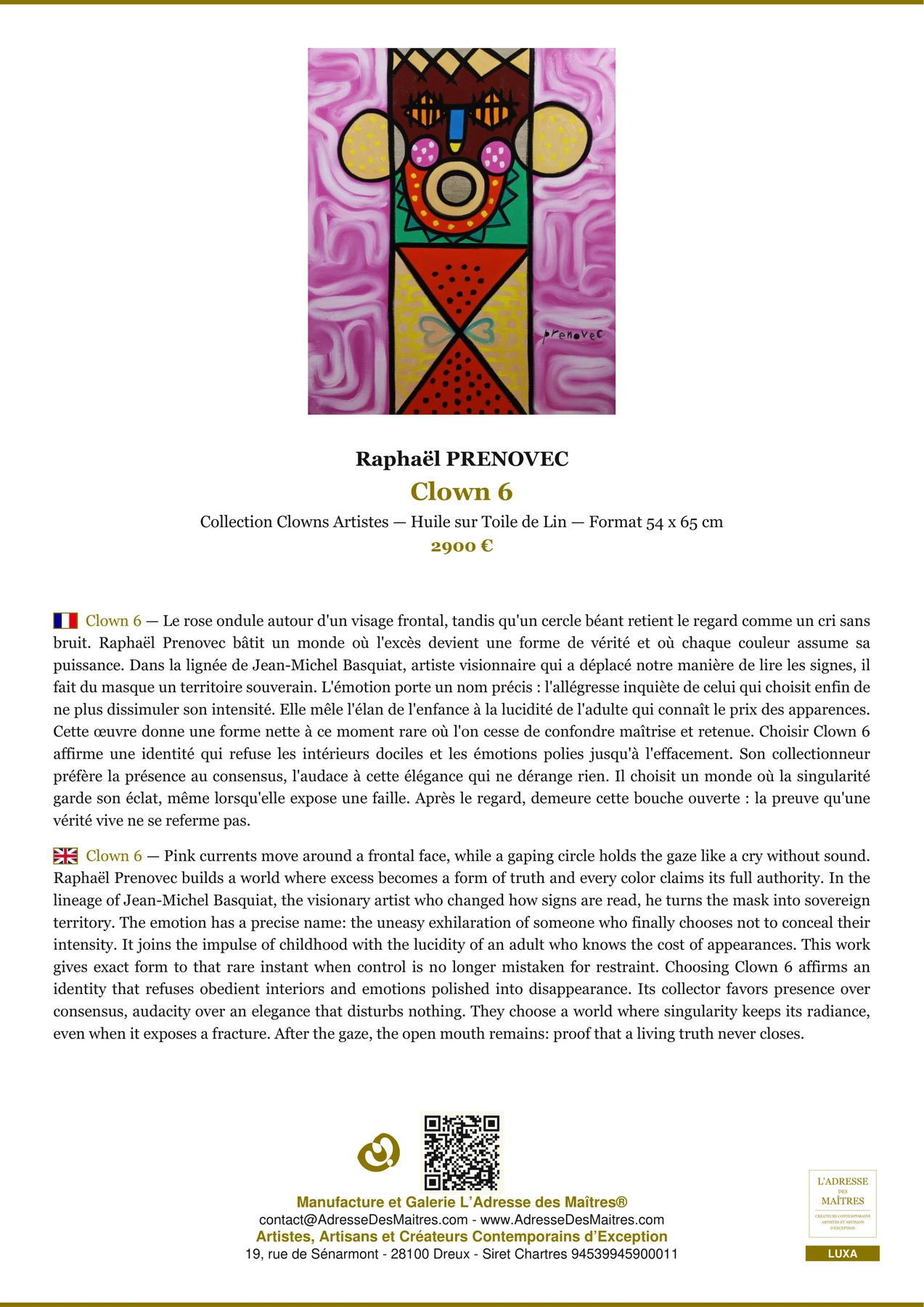 Fiche Premium - Clown 6 - Raphaël PRENOVEC - L'Adresse des Maîtres®