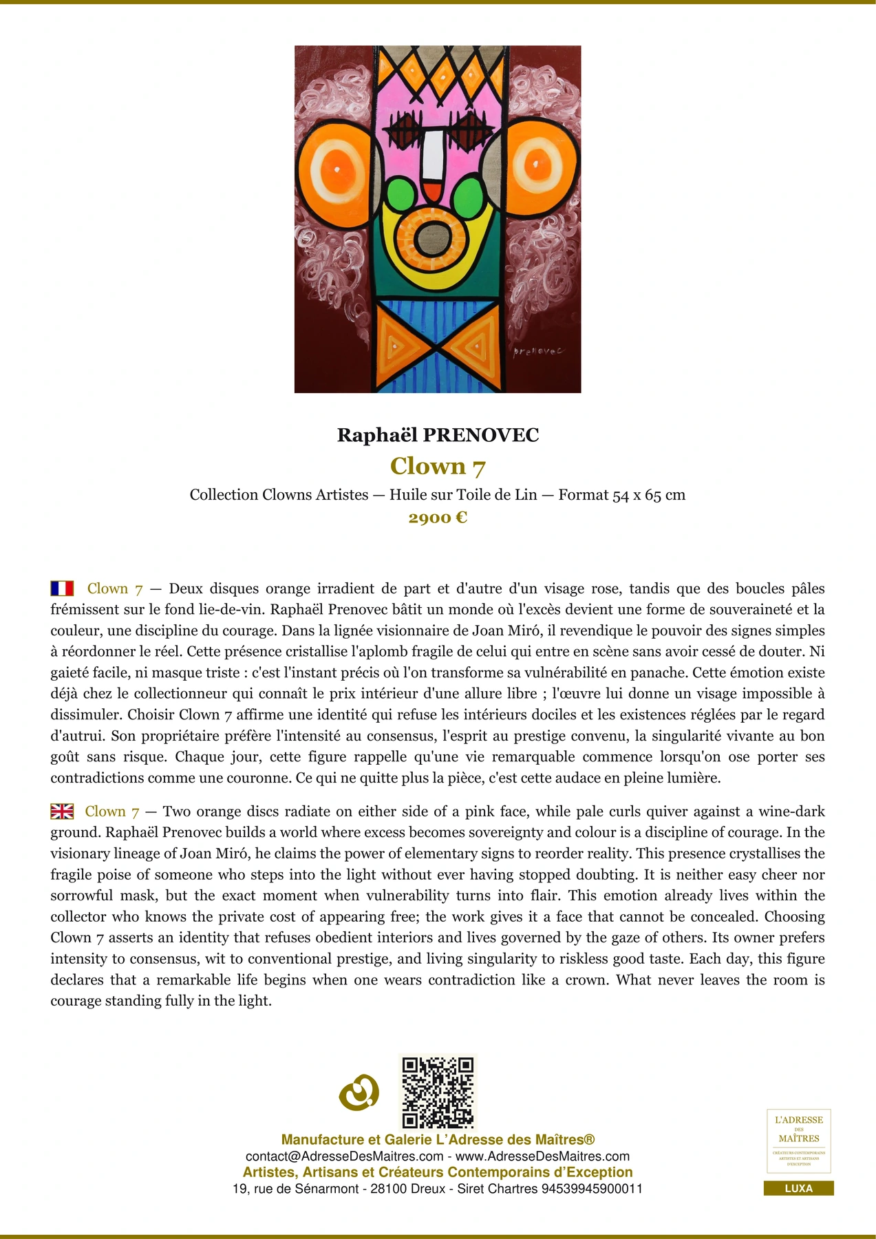 Fiche Premium - Clown 7 - Raphaël PRENOVEC - L'Adresse des Maîtres®