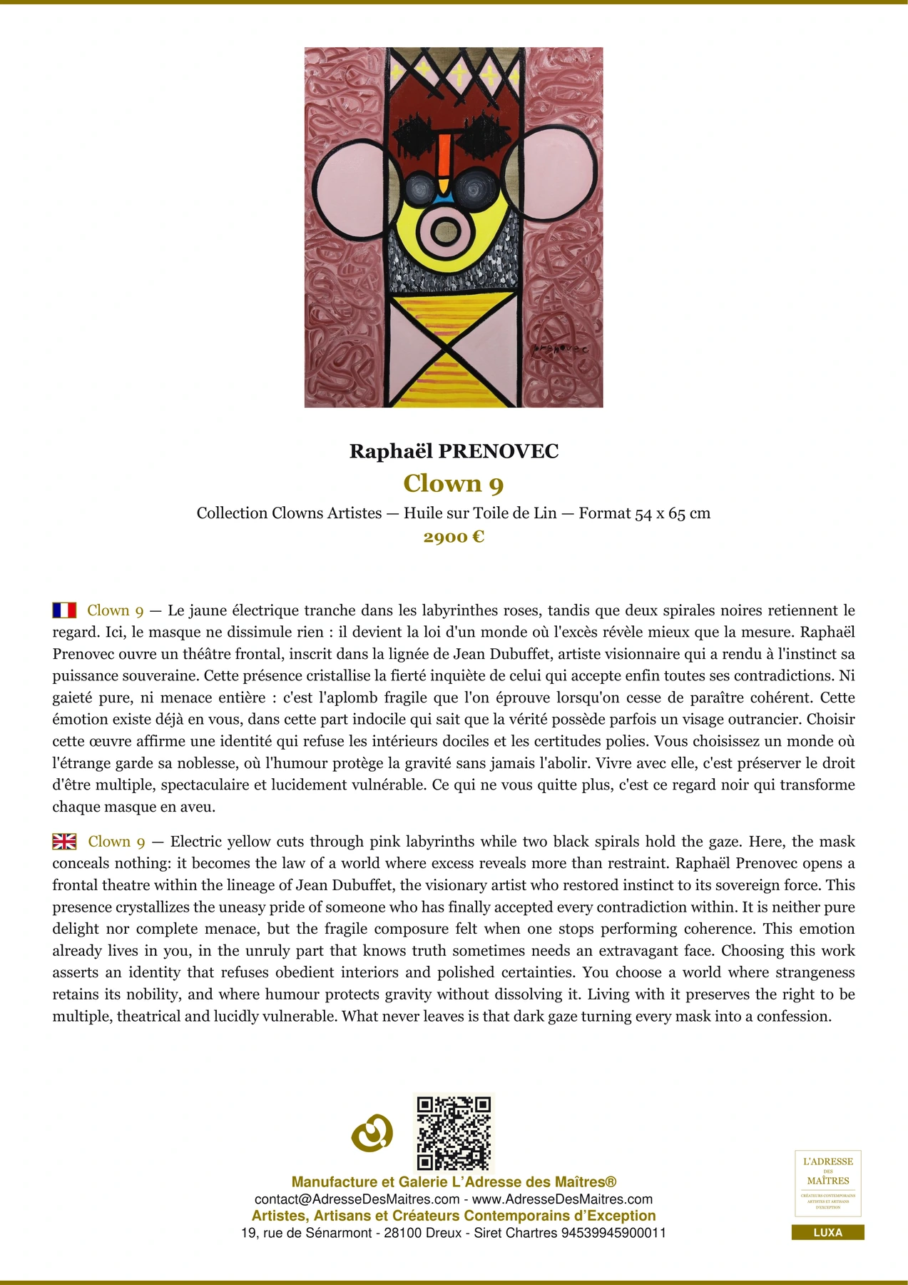 Fiche Premium - Clown 9 - Raphaël PRENOVEC - L'Adresse des Maîtres®