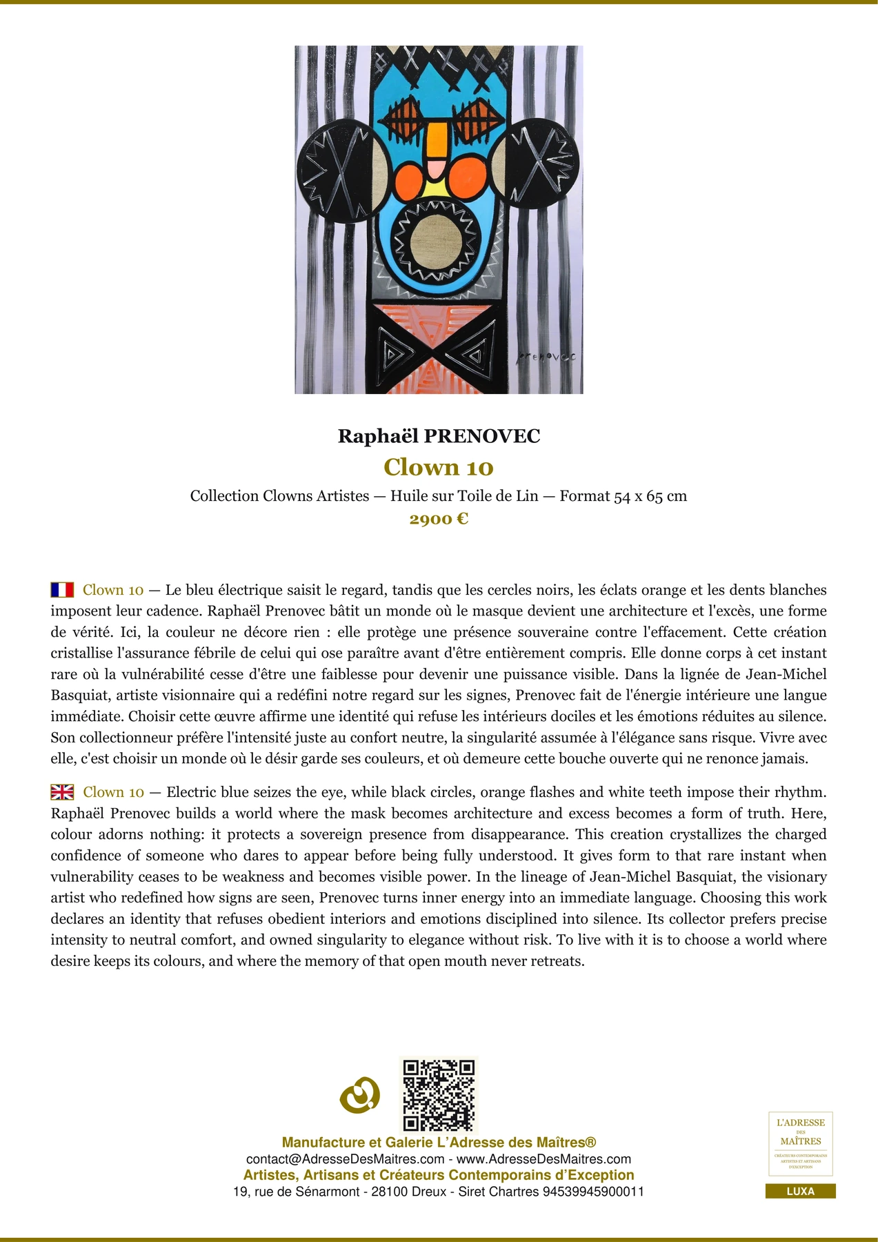 Fiche Premium - Clown 10 - Raphaël PRENOVEC - L'Adresse des Maîtres®