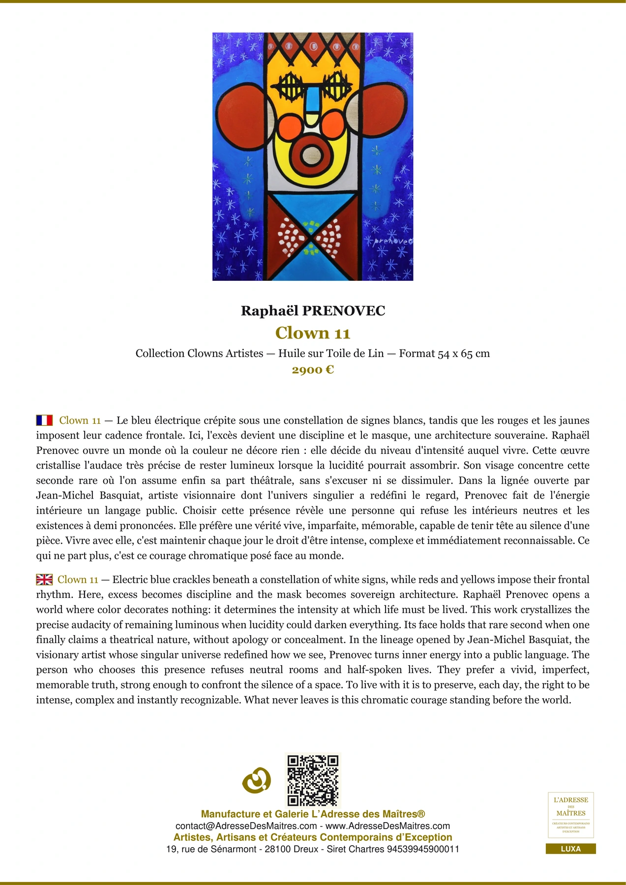 Fiche Premium - Clown 11 - Raphaël PRENOVEC - L'Adresse des Maîtres®